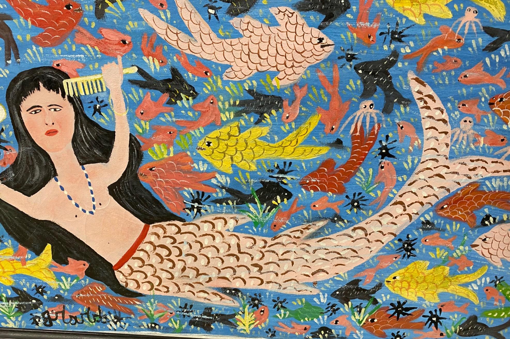 Canvas Gerard Fortune Signed Haiti Haitian Original Large Mermaid Folk Art Painting