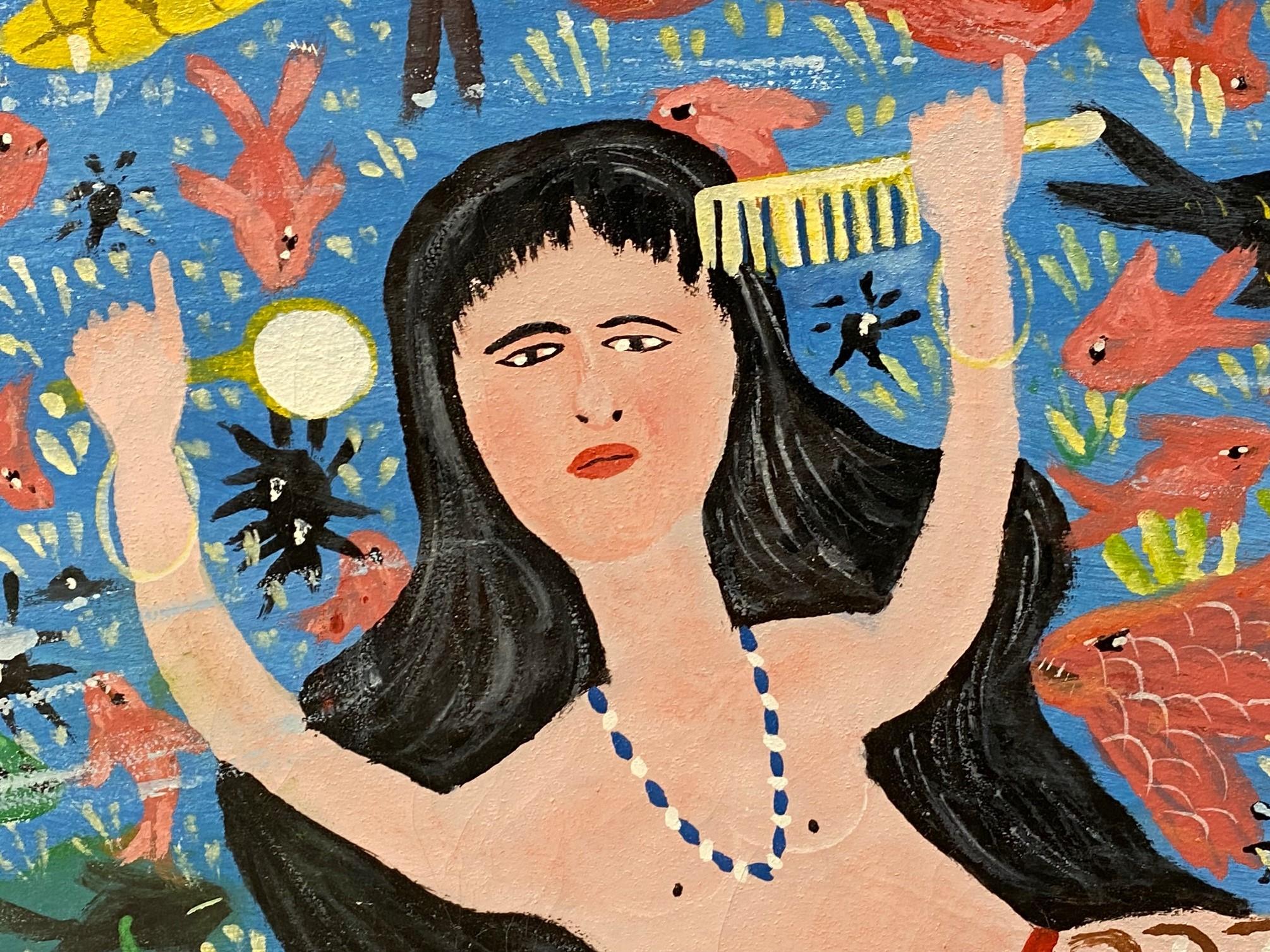 Gerard Fortune Signed Haiti Haitian Original Large Mermaid Folk Art Painting 1