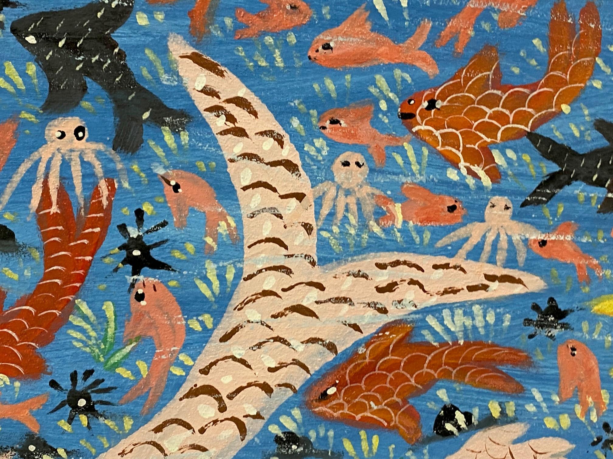 Gerard Fortune Signed Haiti Haitian Original Large Mermaid Folk Art Painting 3