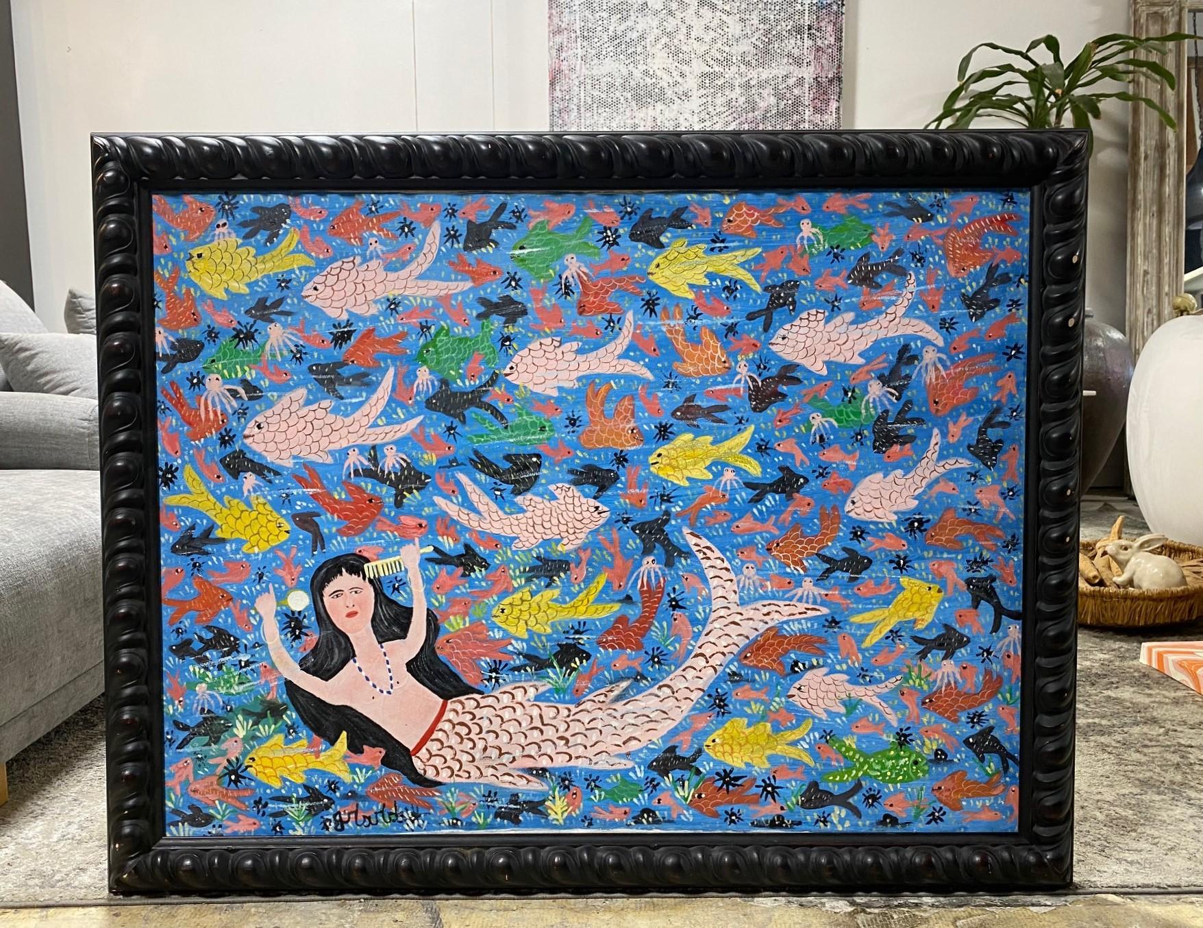 Gerard Fortune Signed Haiti Haitian Original Large Mermaid Folk Art Painting 7