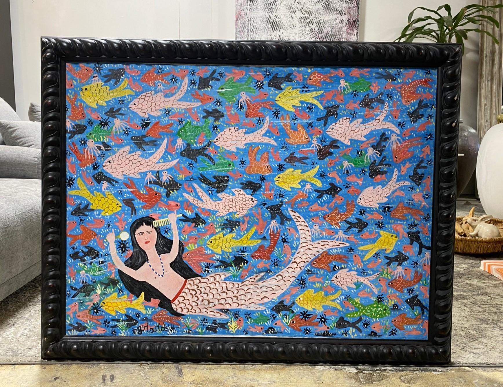 A wonderful original work by Haitian artist Gerard Fortune. Gerard was born in 1933 (although his exact date and year of birth are in dispute as other sources have his year of birth as 1924 or 1925). He spent his life in Montagne Noire, above