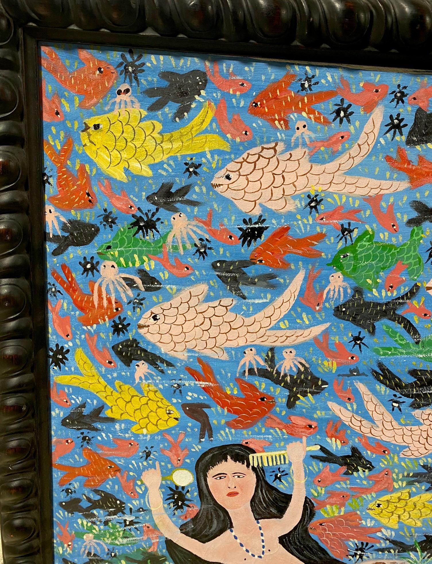 Modern Gerard Fortune Signed Haiti Haitian Original Large Mermaid Folk Art Painting