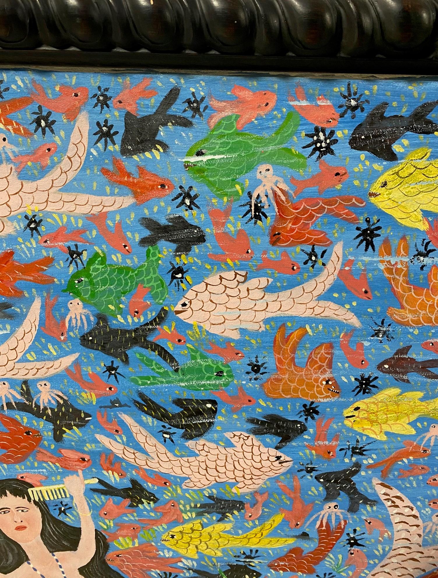 Hand-Painted Gerard Fortune Signed Haiti Haitian Original Large Mermaid Folk Art Painting