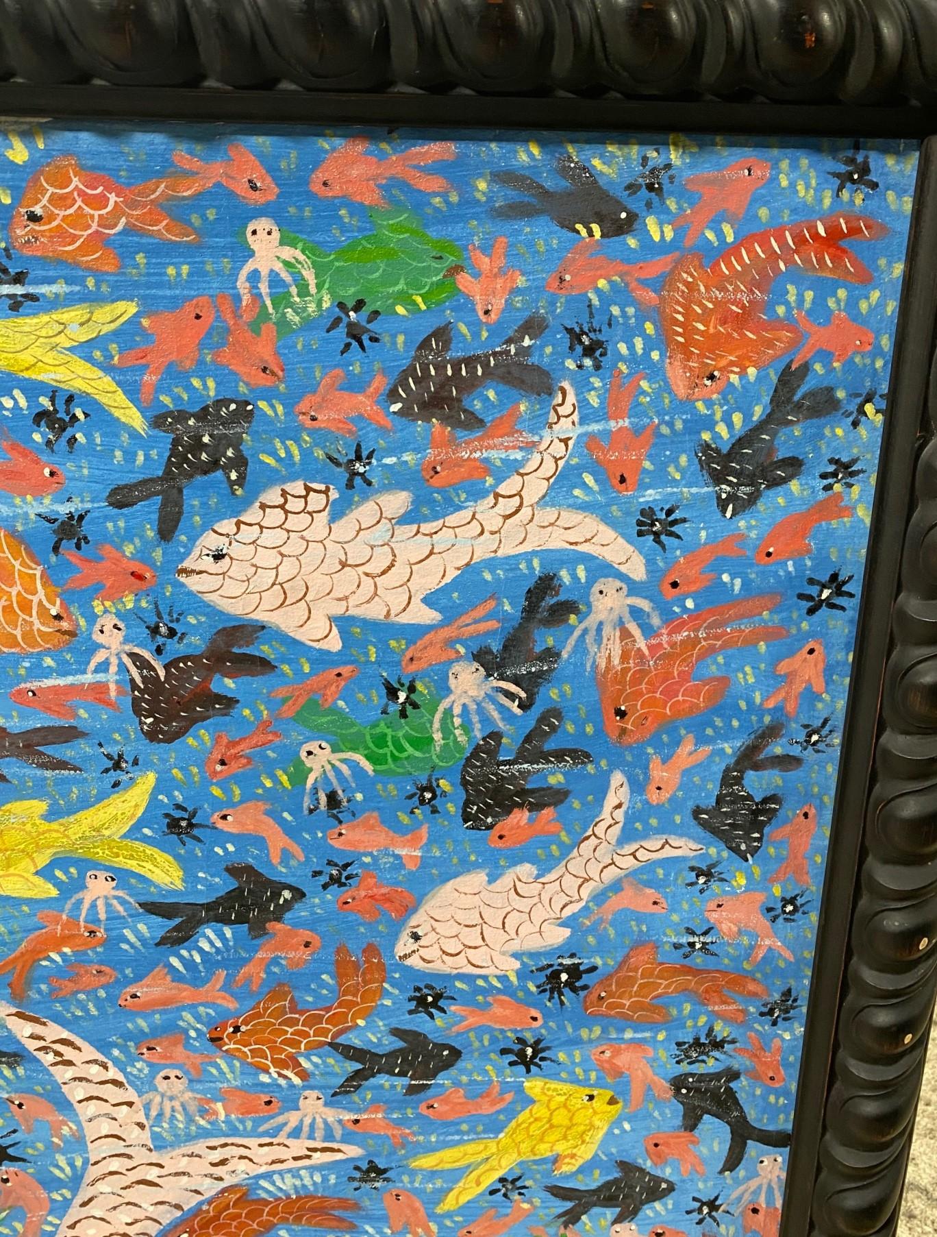 Gerard Fortune Signed Haiti Haitian Original Large Mermaid Folk Art Painting In Good Condition In Studio City, CA