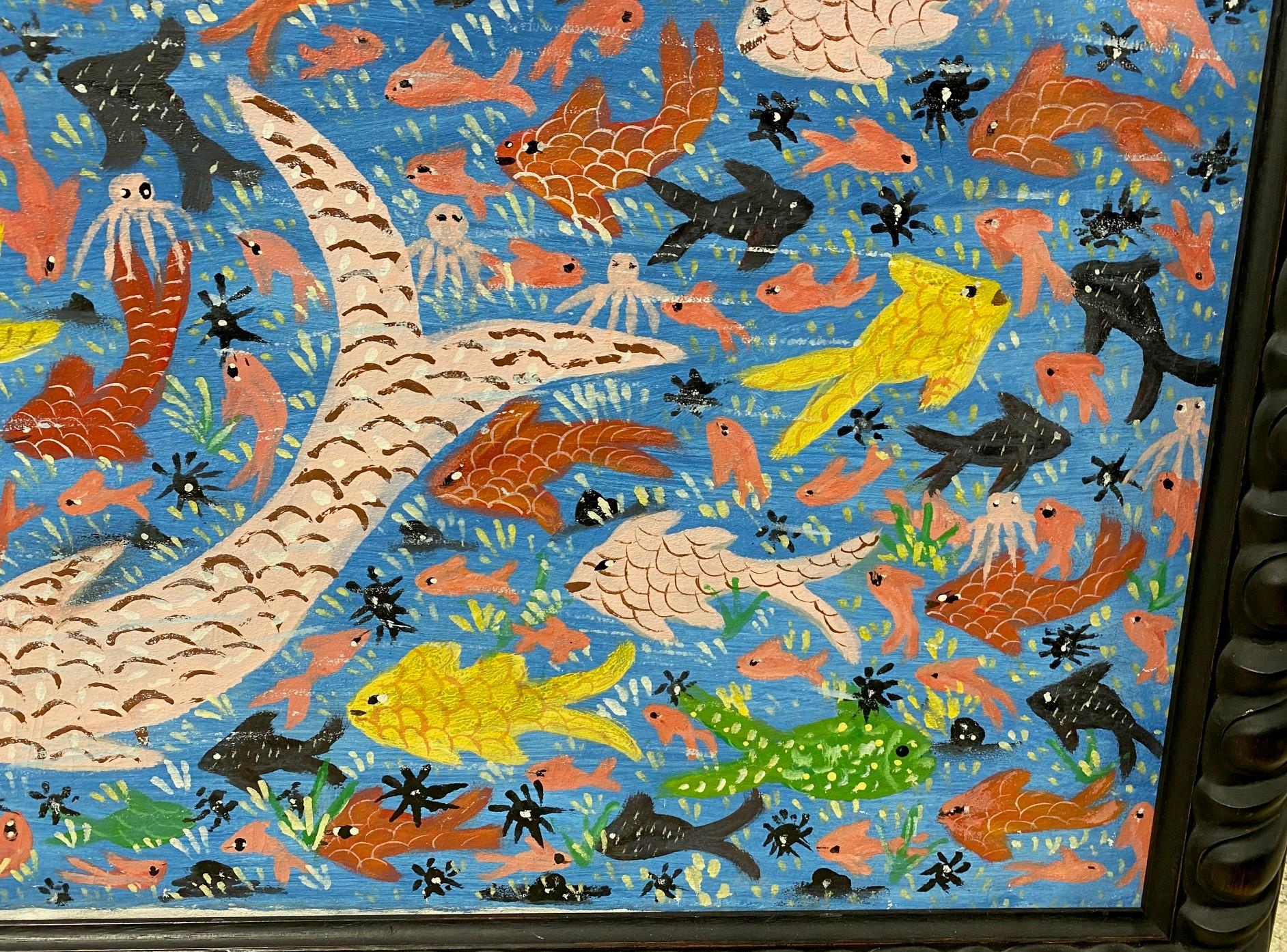 20th Century Gerard Fortune Signed Haiti Haitian Original Large Mermaid Folk Art Painting