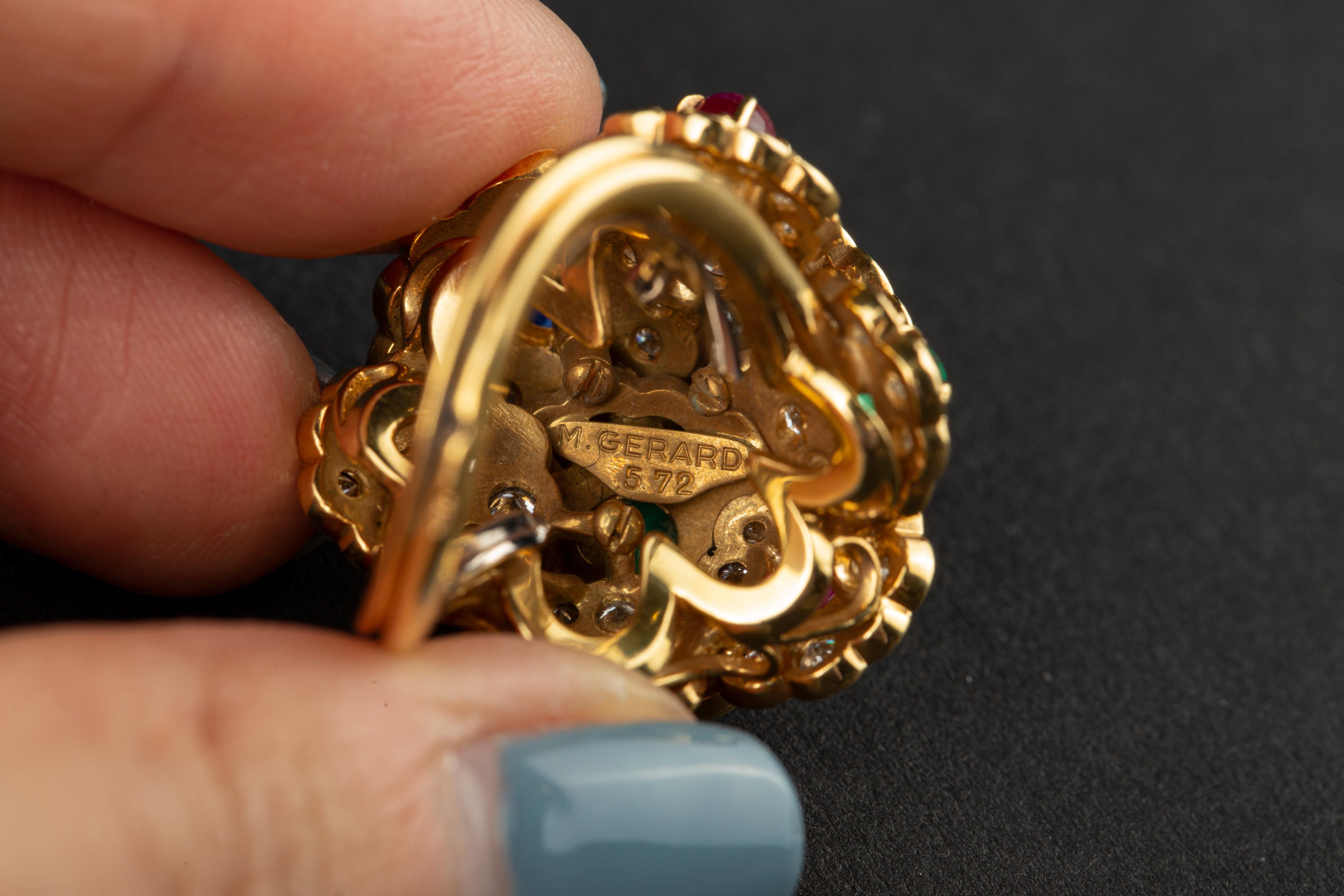 Brilliant Cut Gérard Gold, Cabochon Colored Stone and Diamond Floret Cluster Dome Ring