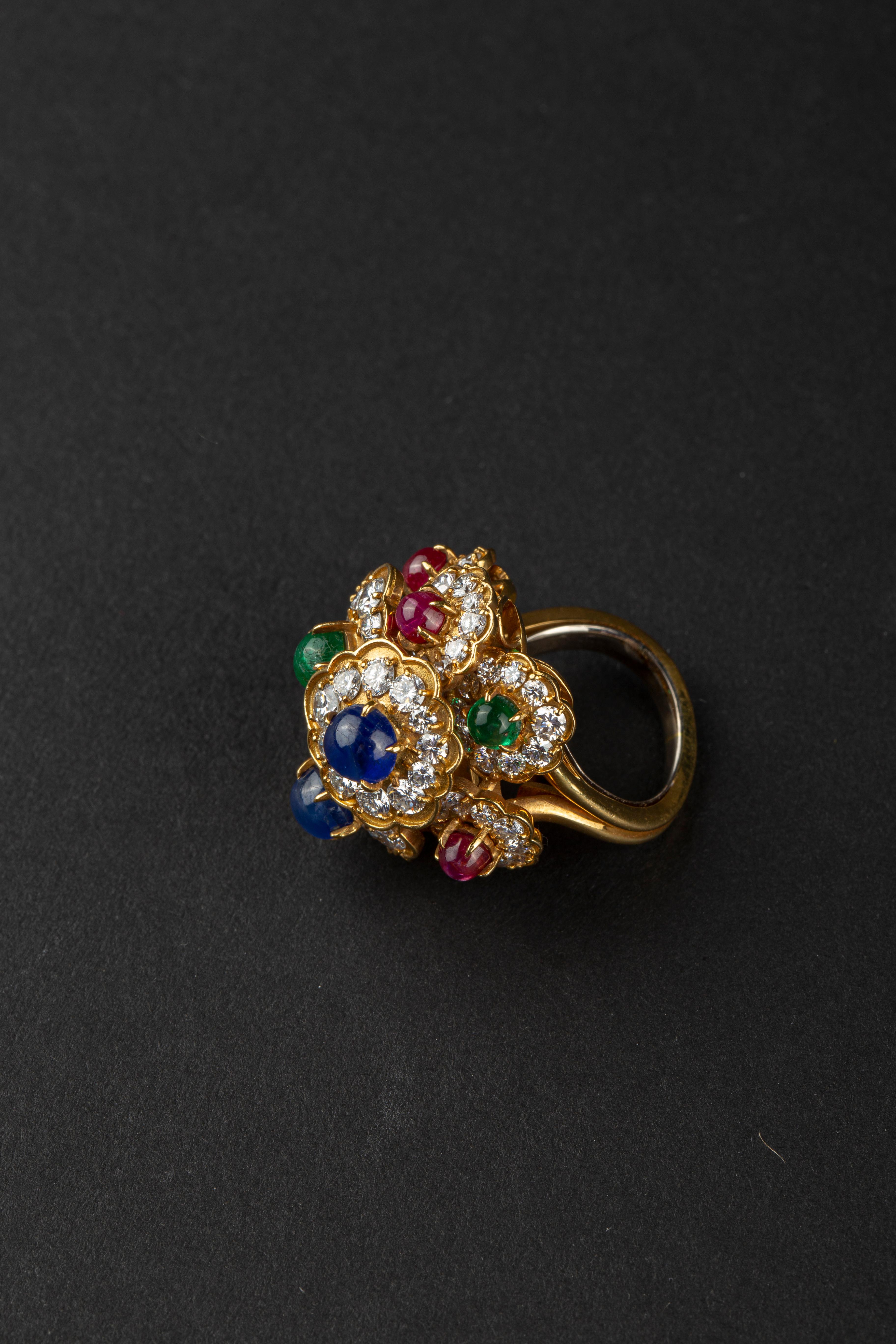 Gérard Gold, Cabochon Colored Stone and Diamond Floret Cluster Dome Ring In Excellent Condition In New York, NY