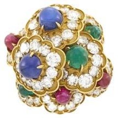 Gérard Gold, Cabochon Colored Stone and Diamond Floret Cluster Dome Ring