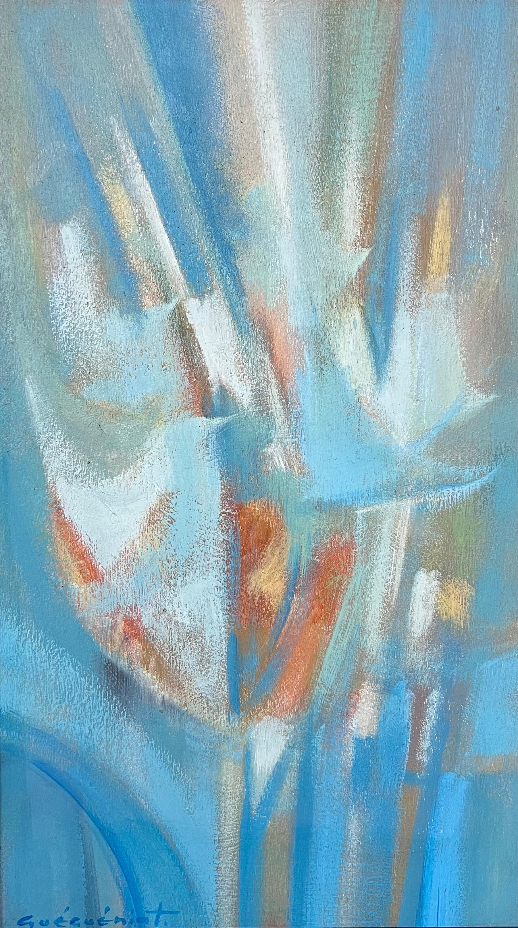 Französisches abstraktes Originalgemälde in Blau, Orange und Weiß, 1970er Jahre, signiert – Painting von Gerard Guegueniat