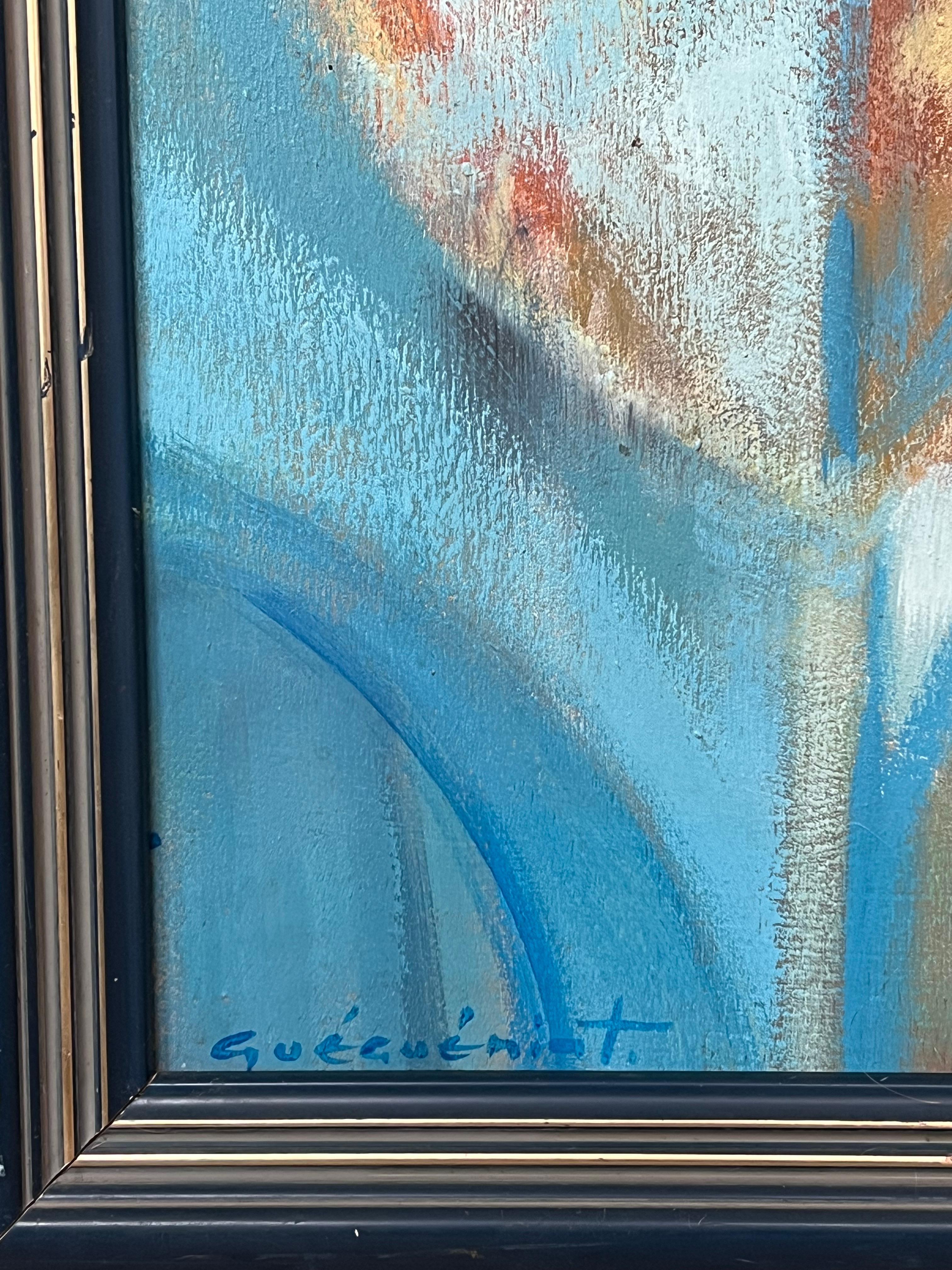 Französisches abstraktes Originalgemälde in Blau, Orange und Weiß, 1970er Jahre, signiert (Abstrakter Expressionismus), Painting, von Gerard Guegueniat