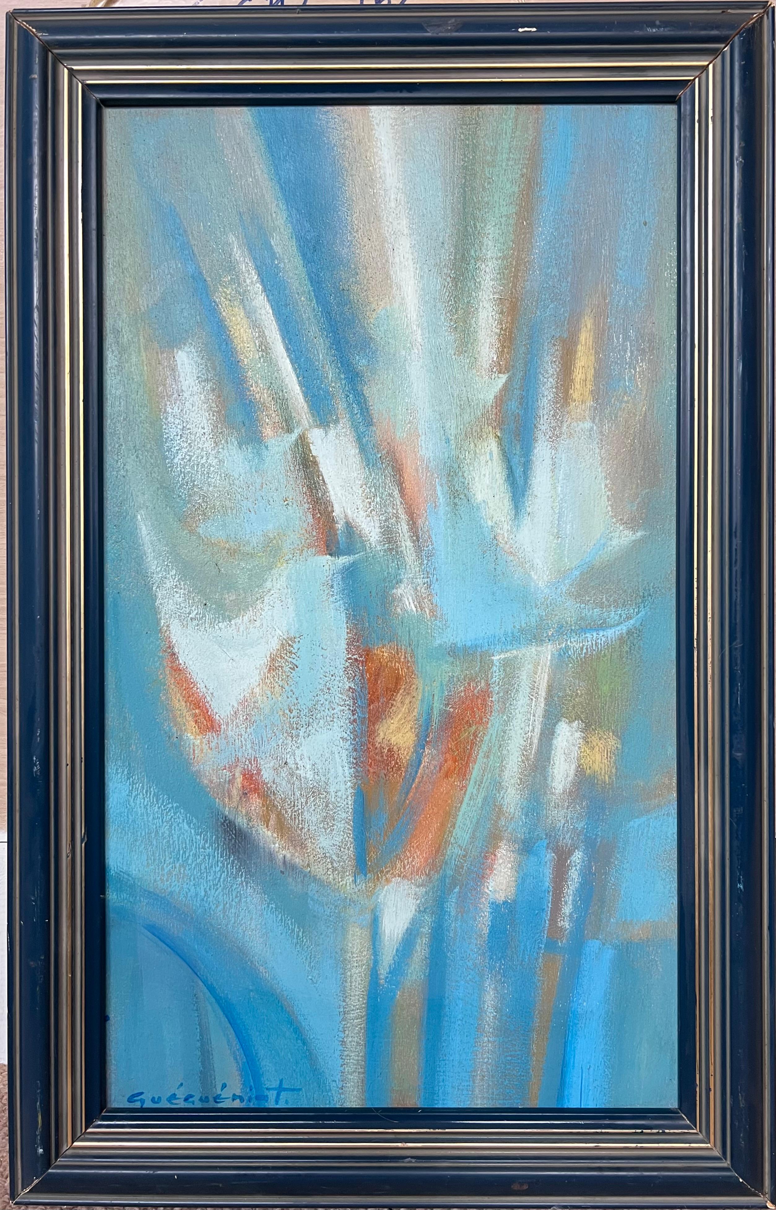 Gerard Guegueniat Abstract Painting – Französisches abstraktes Originalgemälde in Blau, Orange und Weiß, 1970er Jahre, signiert