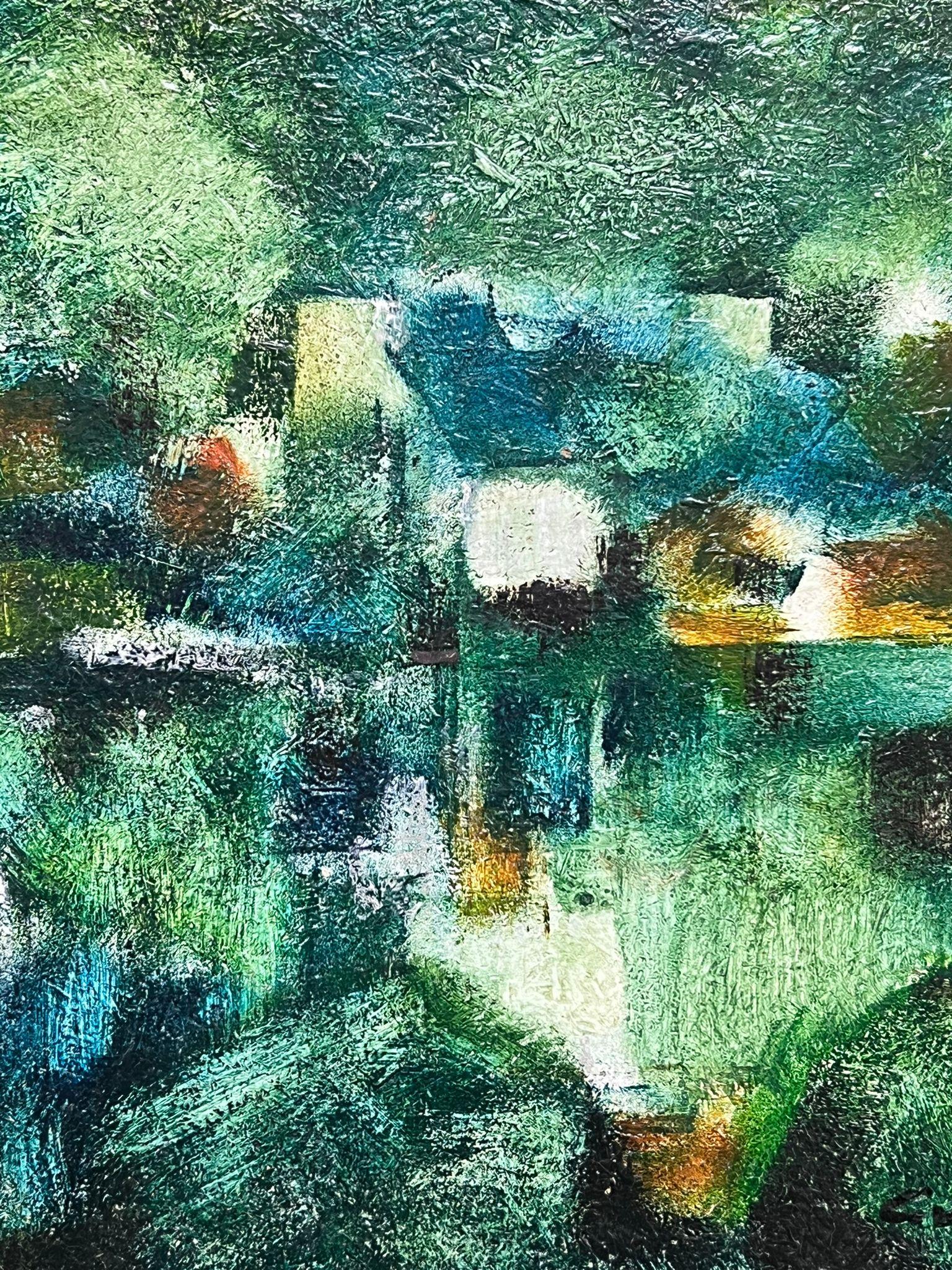 Paesaggio espressionista astratto
di Gerard Guegueniat (francese, anni '70)
dipinto a olio su tela firmato, incorniciato
incorniciato: 11 x 21 pollici
tela: 10,75 x 20 pollici
provenienza: collezione privata, Francia
condizioni: ottime e solide