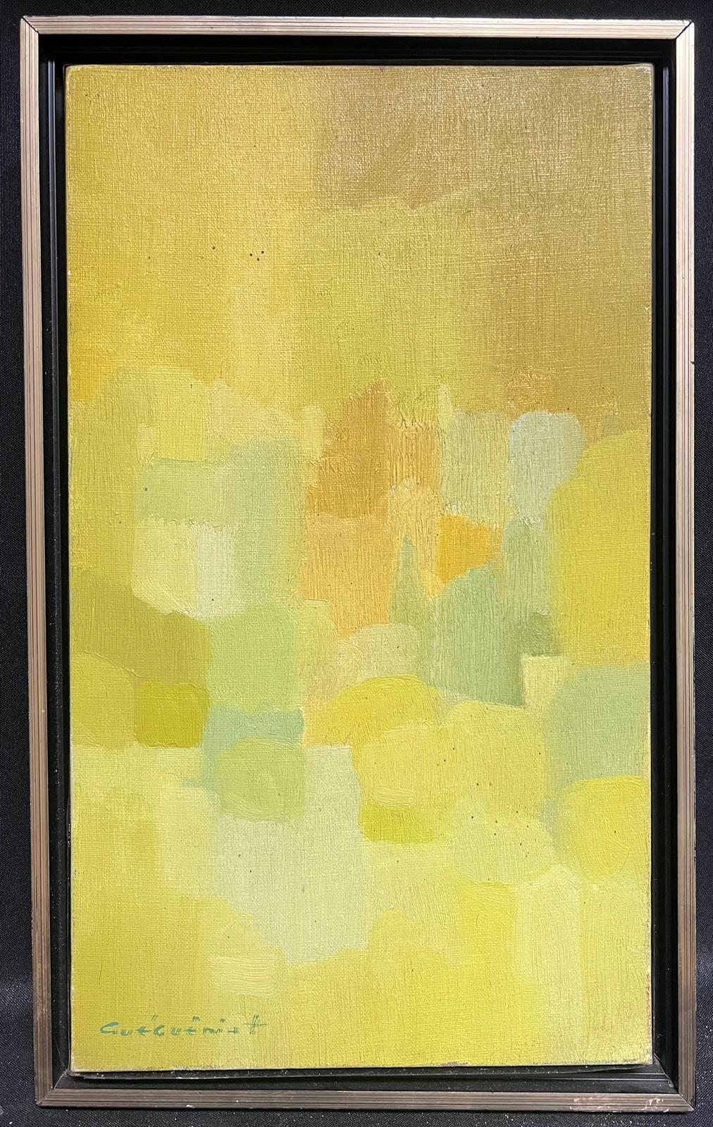 Bright Yellow and Green French Abstract Expressionist Signed Framed Oil  - Painting by Gerard Guegueniat