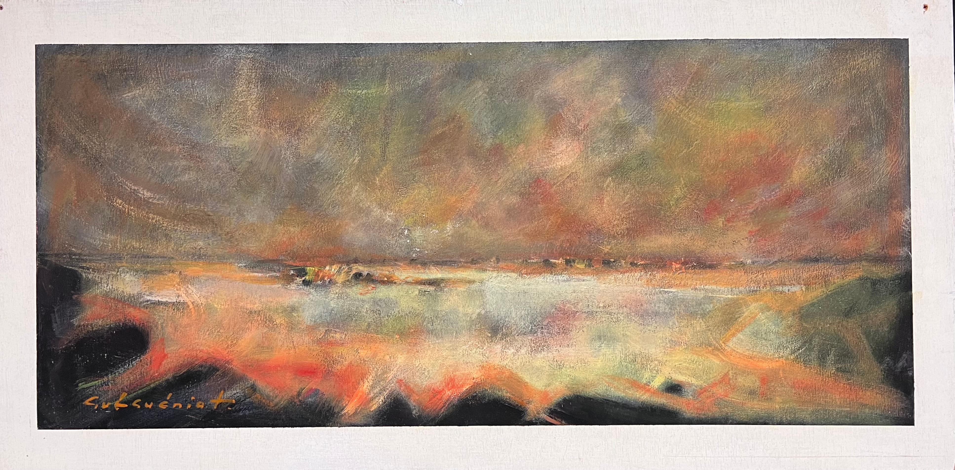 French Abstract Expressionist Signed Oil Blur of Colors Sunset Coastal Sky  - Painting by Gerard Guegueniat