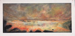 Expresionista Abstracto Francés Firmado Óleo Desenfoque de Colores Atardecer Cielo Costero