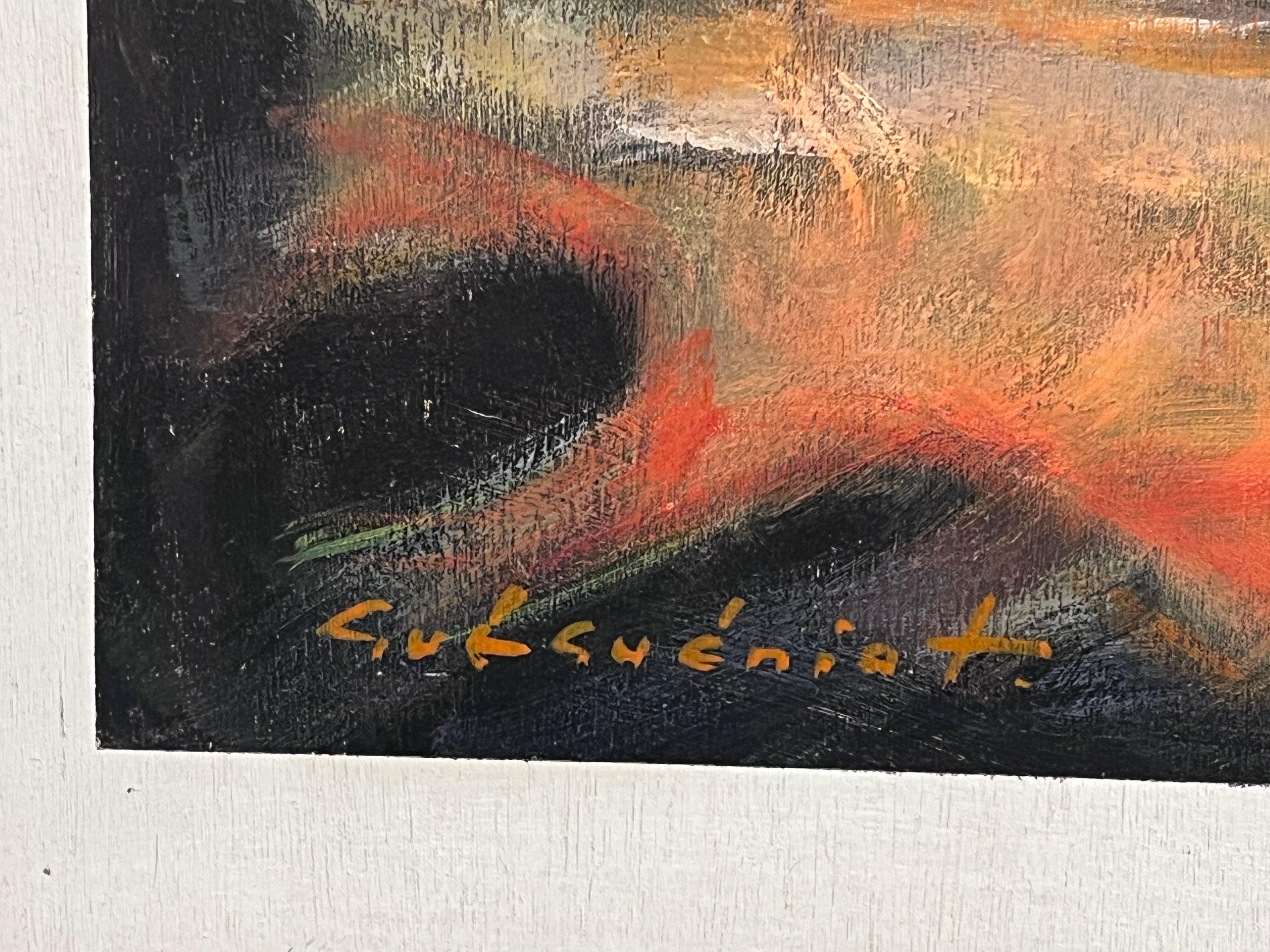 French Abstract Expressionist Signed Oil Blur of Colors Sunset Coastal Sky  For Sale 1