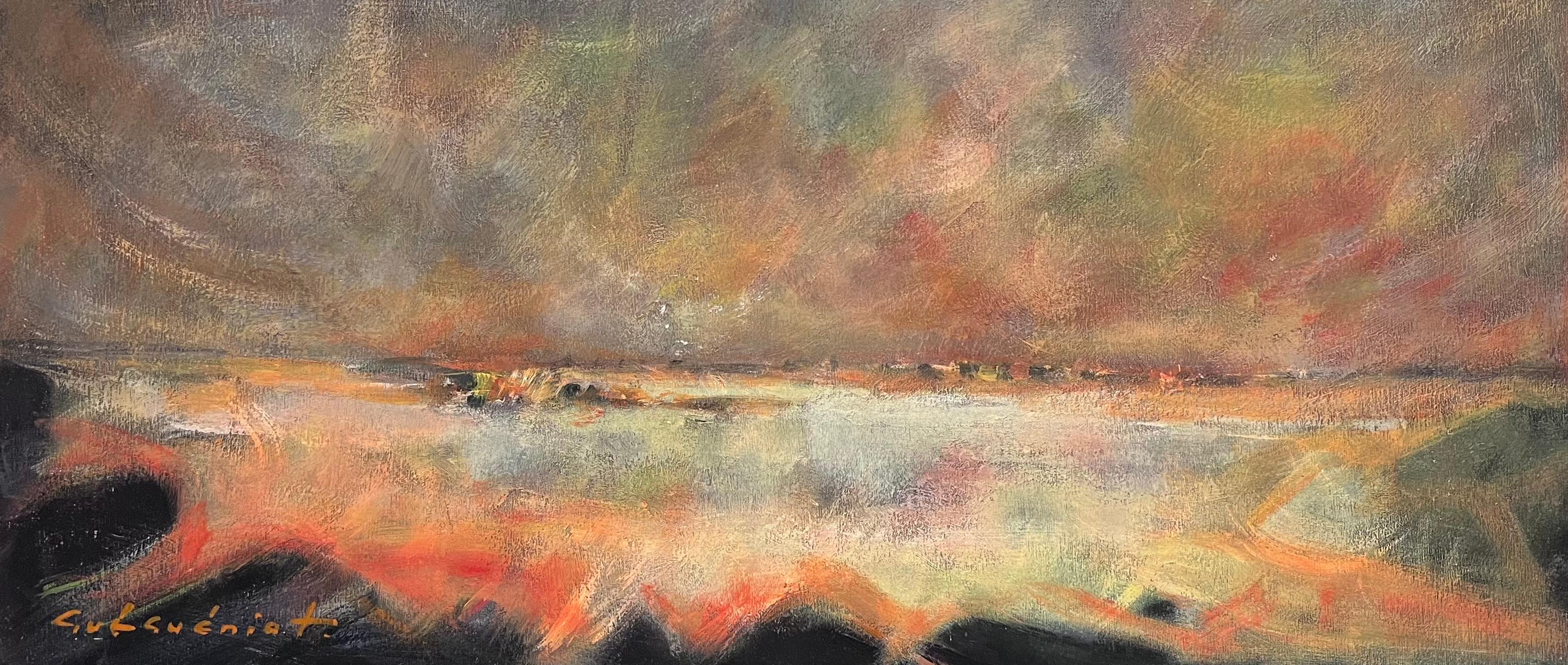 Gerard Guegueniat Abstract Painting - French Abstract Expressionist Signed Oil Blur of Colors Sunset Coastal Sky 