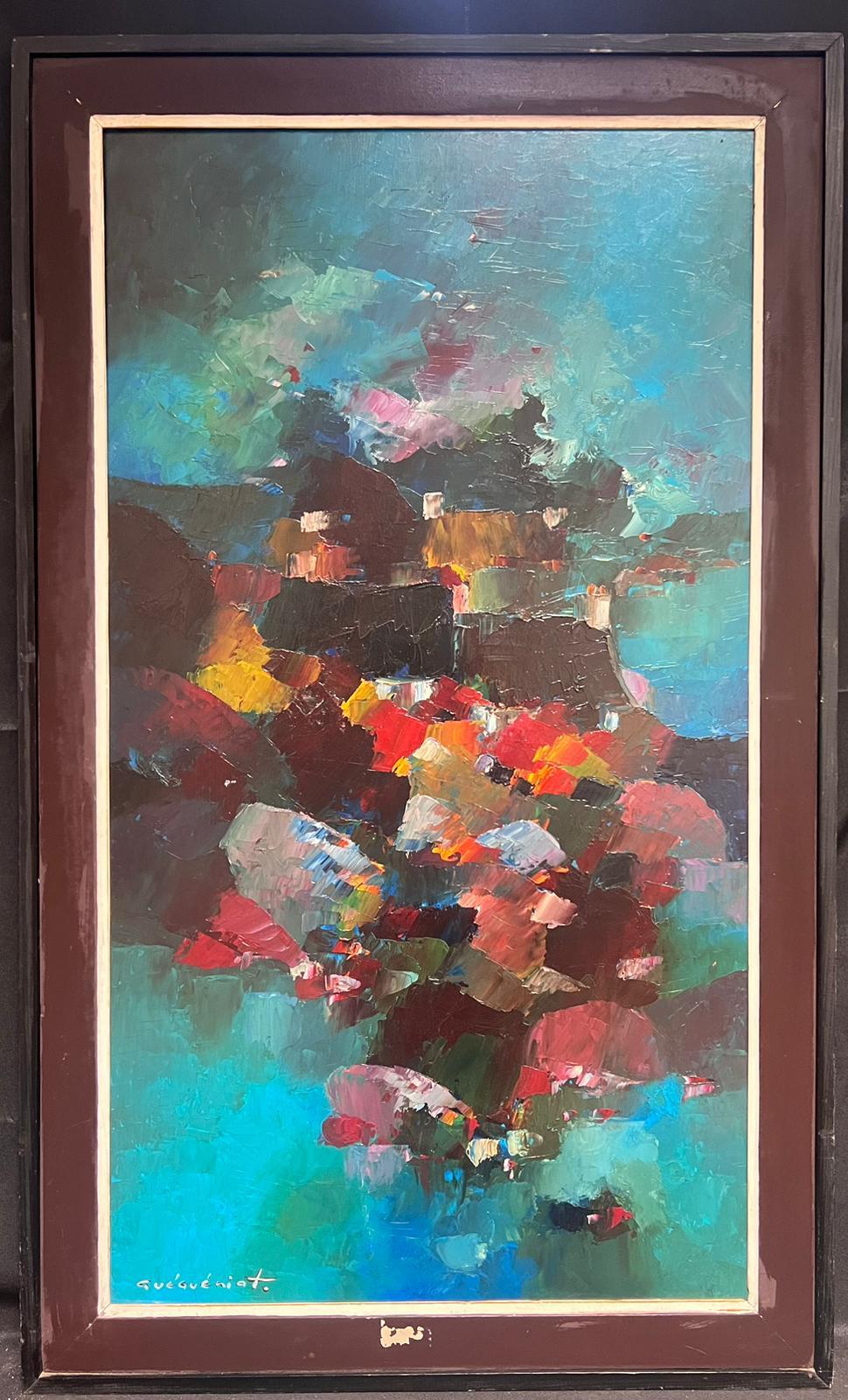 French Abstract Expressionist Signed Oil Large Composition 20th Century - Painting by Gerard Guegueniat