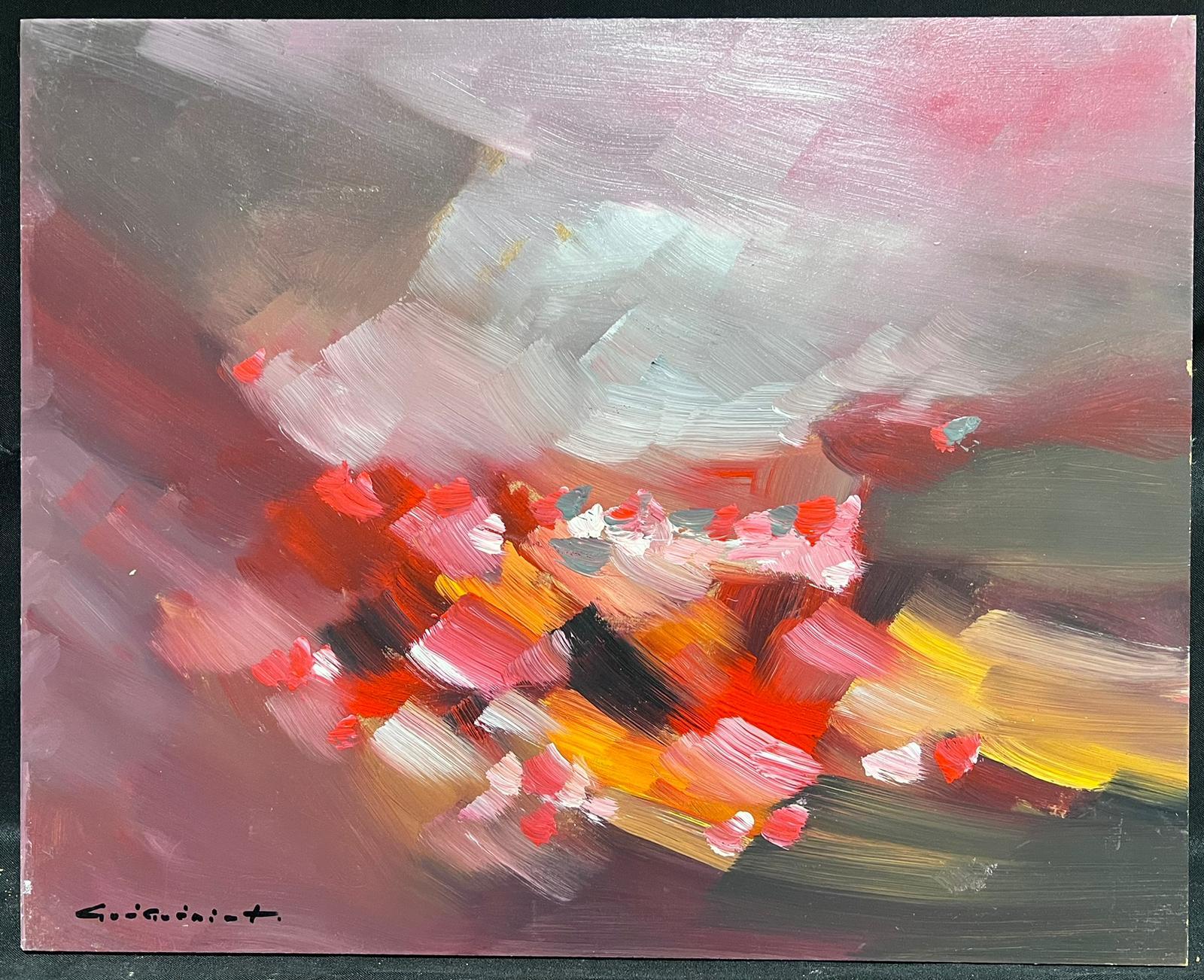 French Abstract Expressionist Signed Oil Pink and Grey Colour Explosion - Painting by Gerard Guegueniat