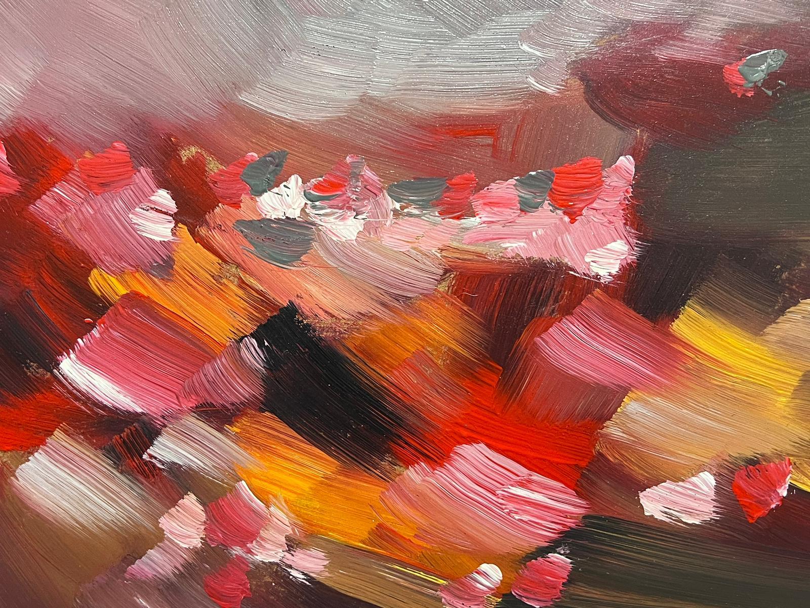 French Abstract Expressionist Signed Oil Pink and Grey Colour Explosion - Impressionist Painting by Gerard Guegueniat