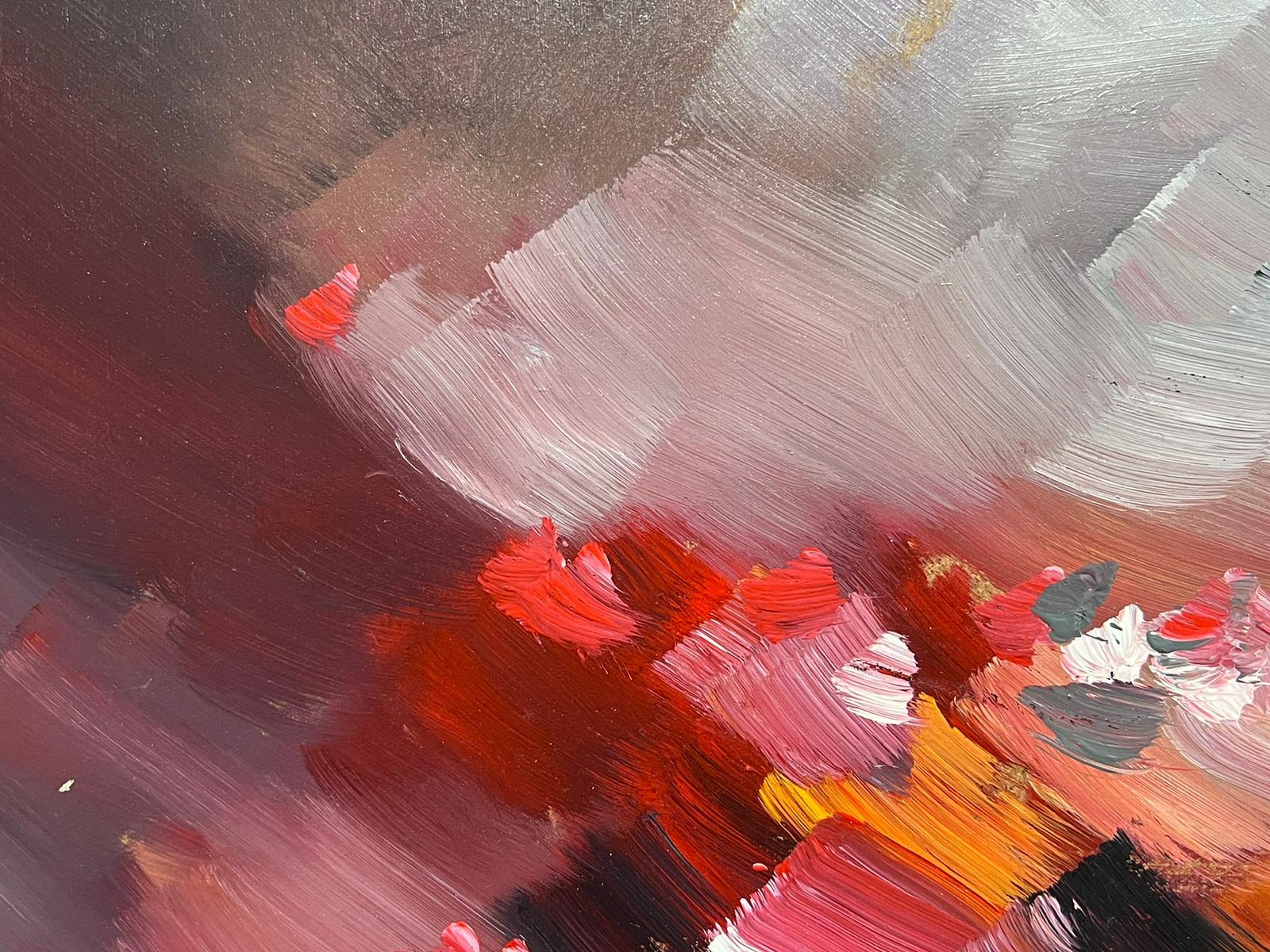 Französischer abstrakter Expressionismus, signiertes Ölgemälde, rosa und graue Farbe, Explosion (Impressionismus), Painting, von Gerard Guegueniat