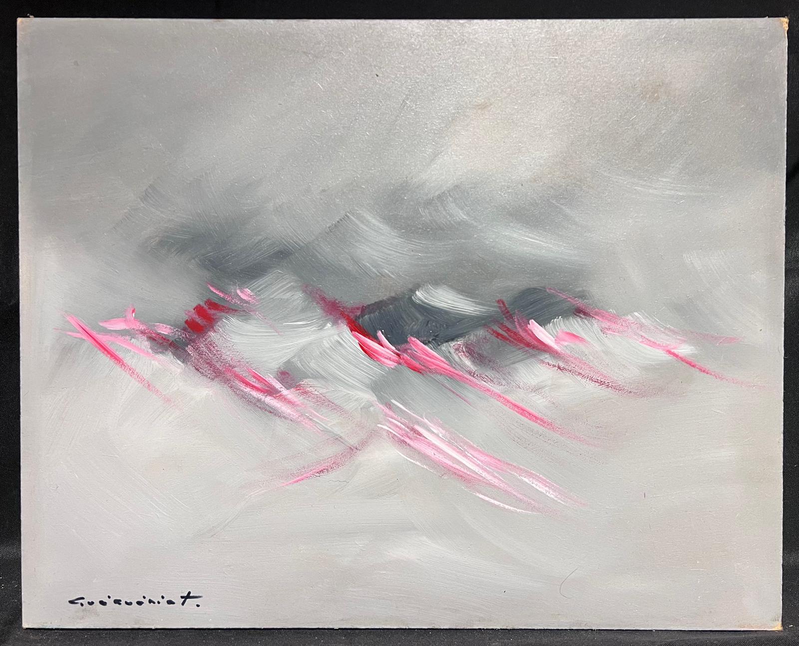 French Abstract Expressionist Signed Oil Pink & Grey Swirls - Painting by Gerard Guegueniat