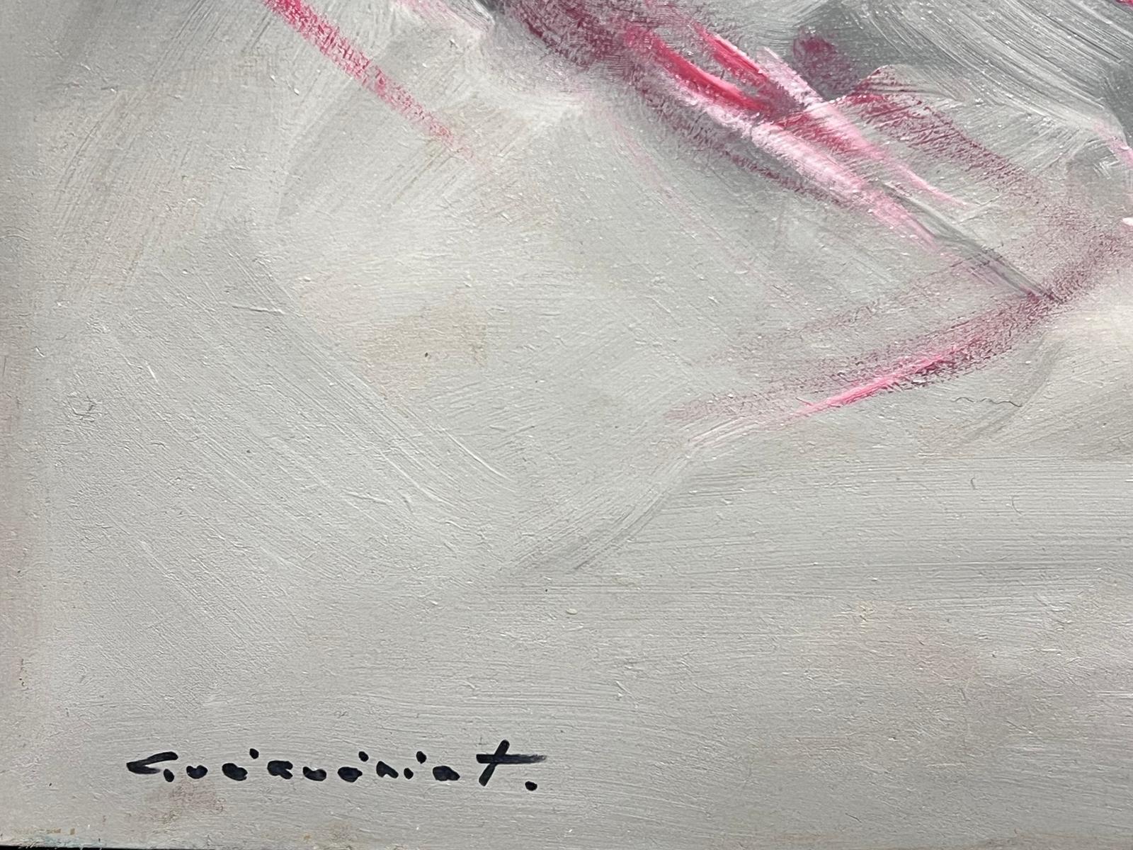 French Abstract Expressionist Signed Oil Pink & Grey Swirls - Gray Abstract Painting by Gerard Guegueniat