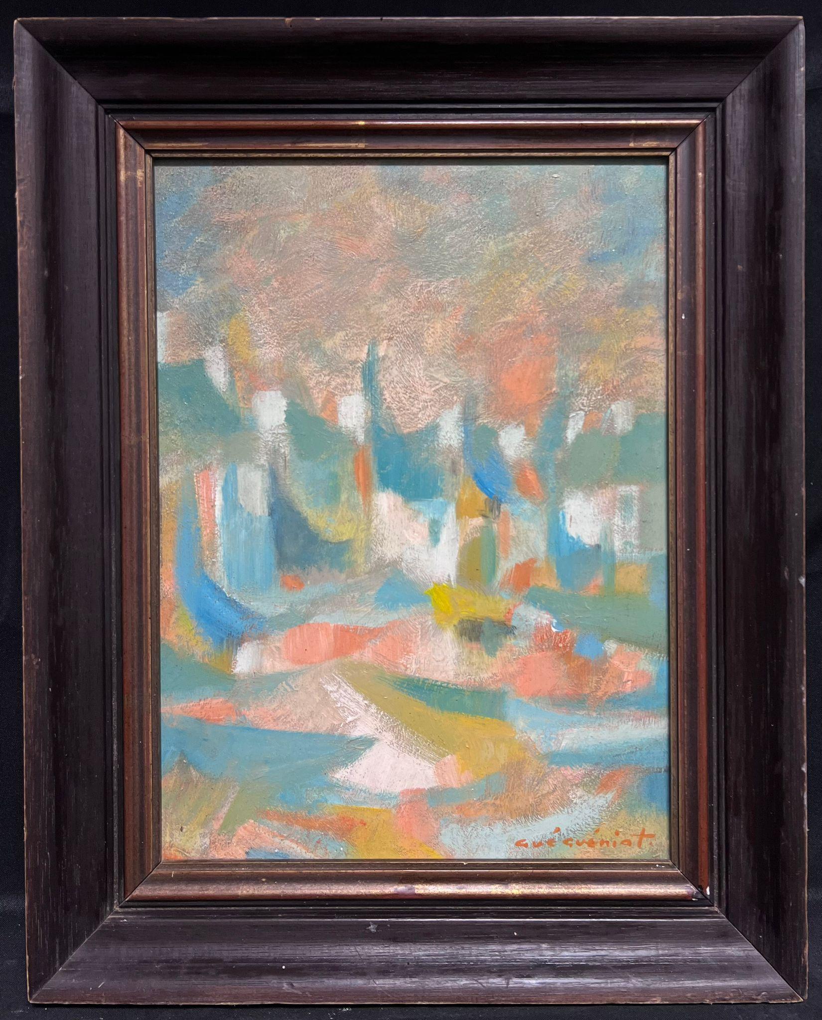 French Village Abstract Expressionist Signed Oil Warm Colours - Painting by Gerard Guegueniat
