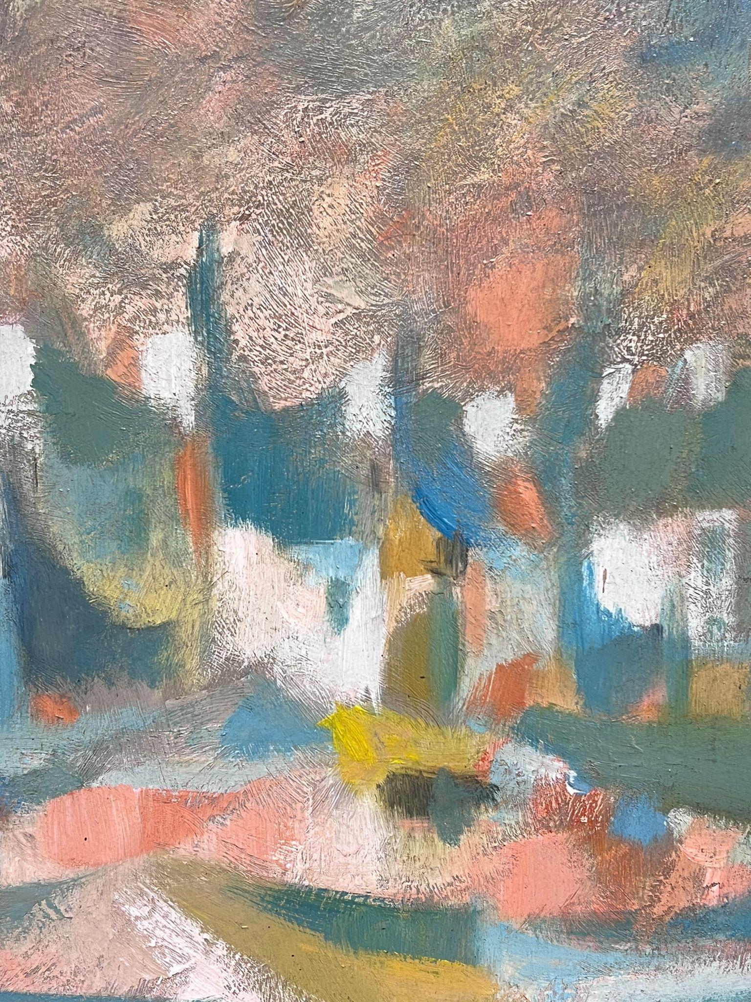 Französischer Dorf, Abstrakter Expressionismus, signiert, Öl, warme Farben, Französisch (Impressionismus), Painting, von Gerard Guegueniat