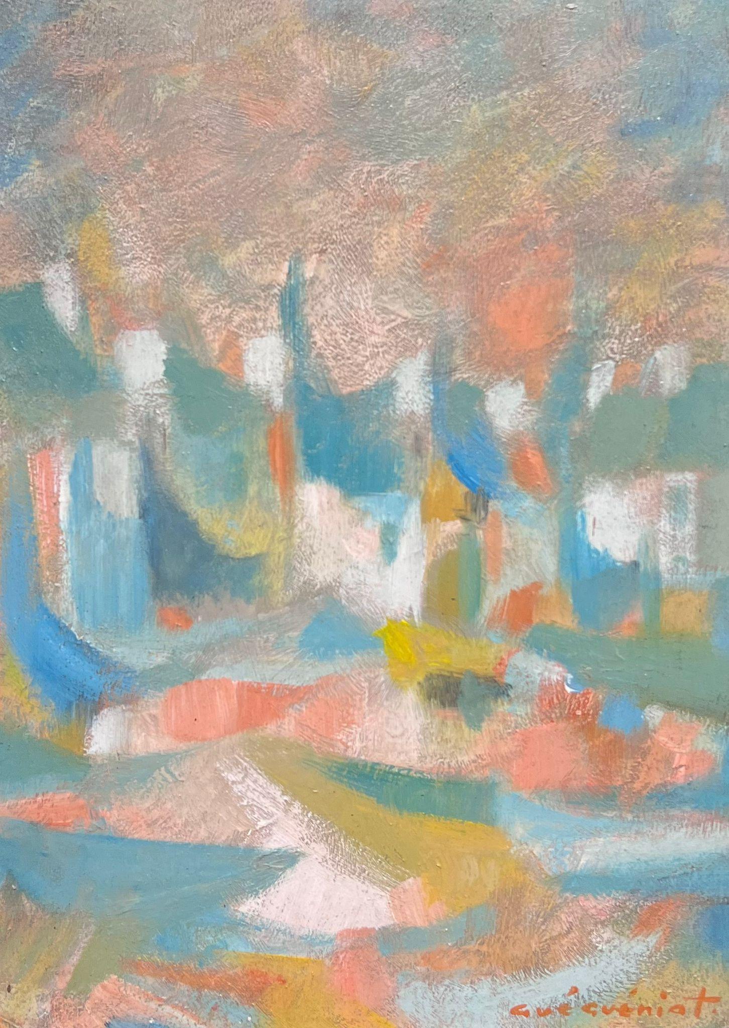 Gerard Guegueniat Landscape Painting – Französischer Dorf, Abstrakter Expressionismus, signiert, Öl, warme Farben, Französisch