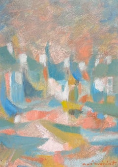Huile expressionniste abstraite signée French Village, couleurs chaudes