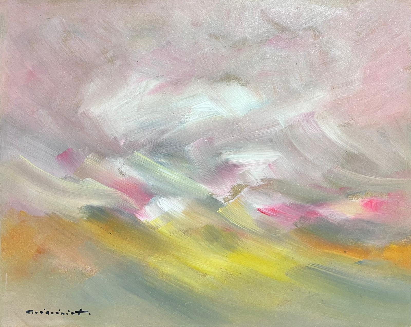 Grey Yellow and Pink Sky French Abstract Expressionist Oil  For Sale 2