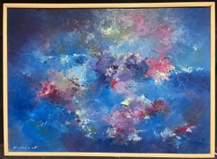 Huge French Abstract Expressionist Signed Oil Bright Blue Explosion