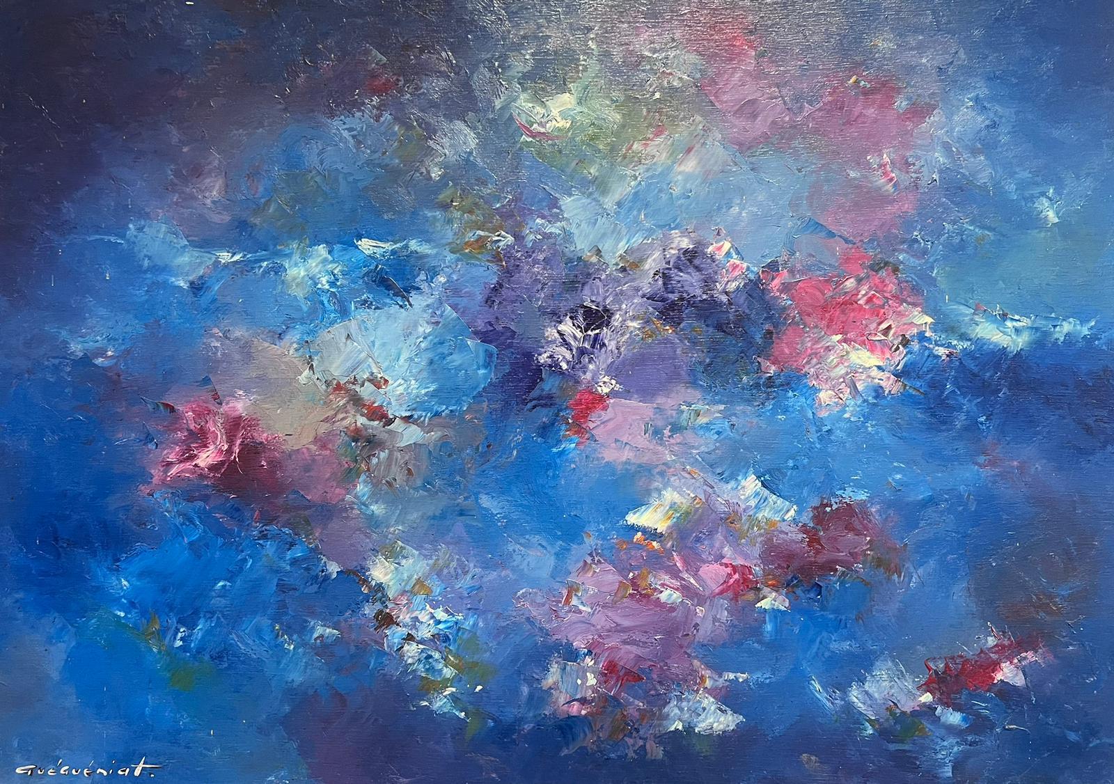 Abstract Painting di Gerard Guegueniat - Enorme olio firmato dall'espressionista astratto francese Esplosione di blu brillante