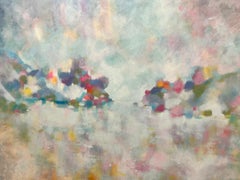 Grande huile expressionniste française signée , Abat-jour pastel nuageux et doux ciel