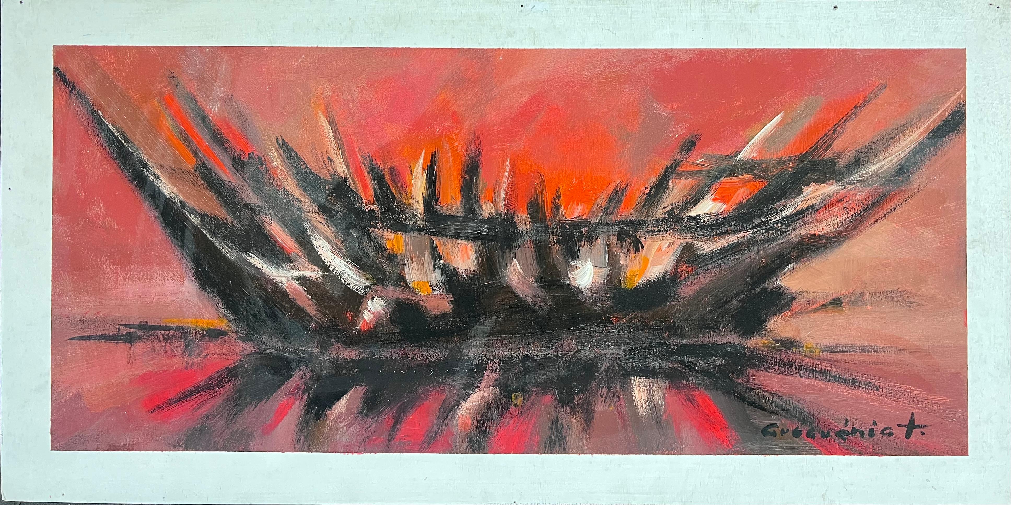 Red and Orange Bonfire French Abstract Expressionist Signed Oil  - Painting by Gerard Guegueniat