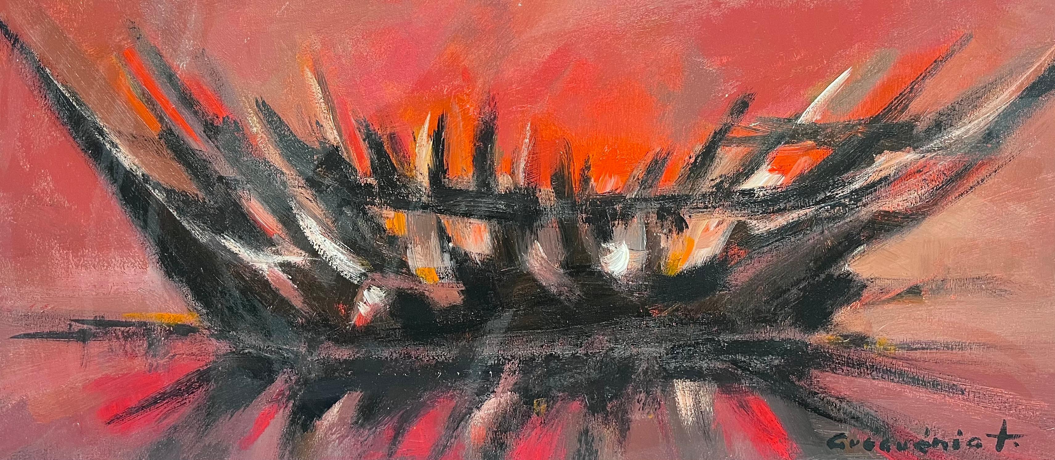 Gerard Guegueniat Landscape Painting - Red and Orange Bonfire French Abstract Expressionist Signed Oil 