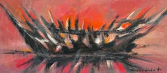 Huile d'expressionniste abstrait français signée Bonfire rouge et orange 