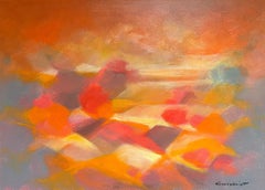 Vibrante paisaje abstracto en tonos rosa y naranja Pintura al óleo francesa