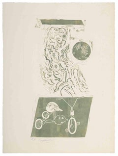 Nude and Magic Bike - Woodcut by Gérard Guyomard - 1970s