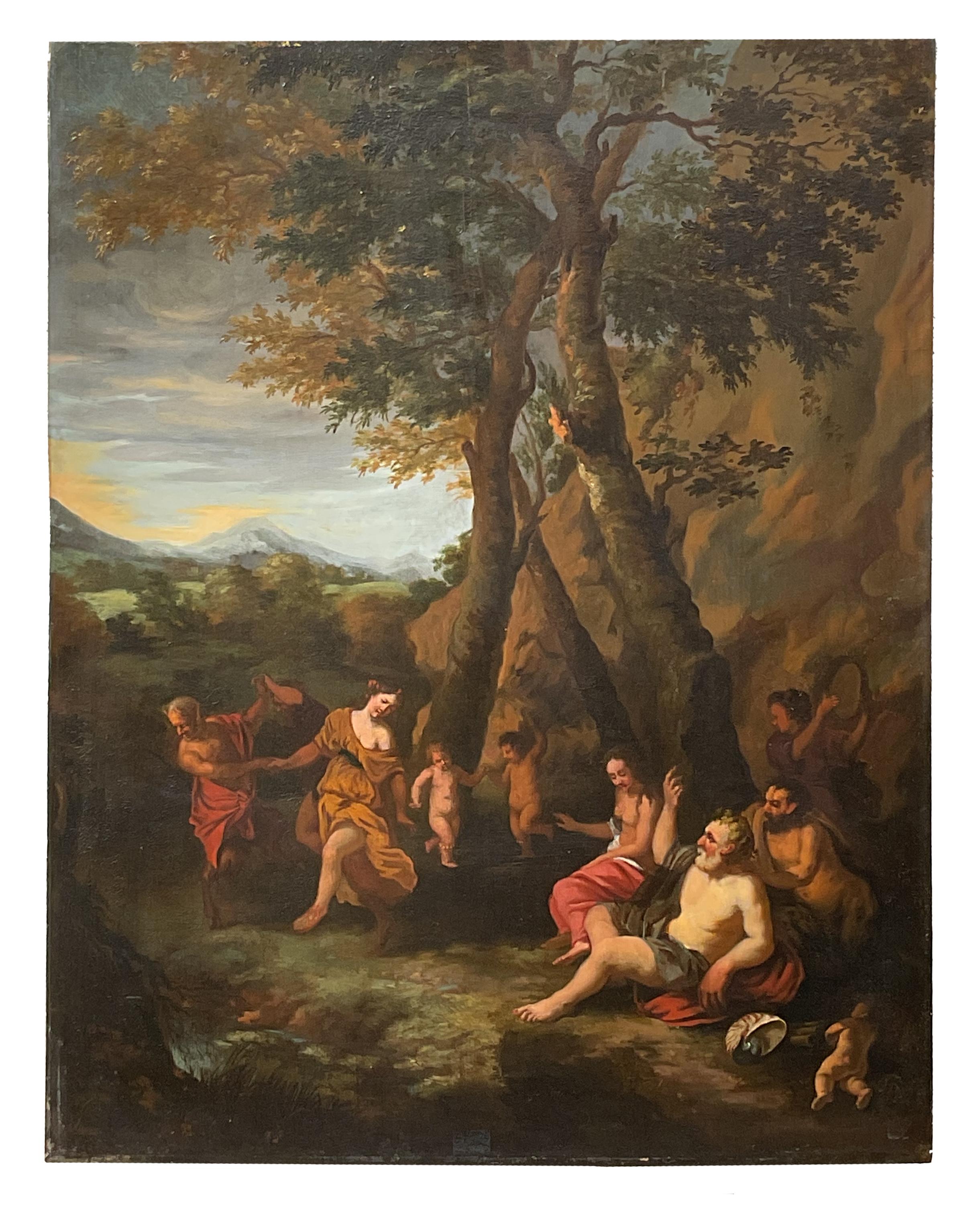 Gerard I Hoet (attributed)
(1648 – 1733)

Bacchanale
Oil on panel, 68×53.5 cm
Within gilded and carved wooden frame

The painting, an oil on panel in overall very good condition, depicts a bacchanal scene with a dance of satyrs, putti, and maidens