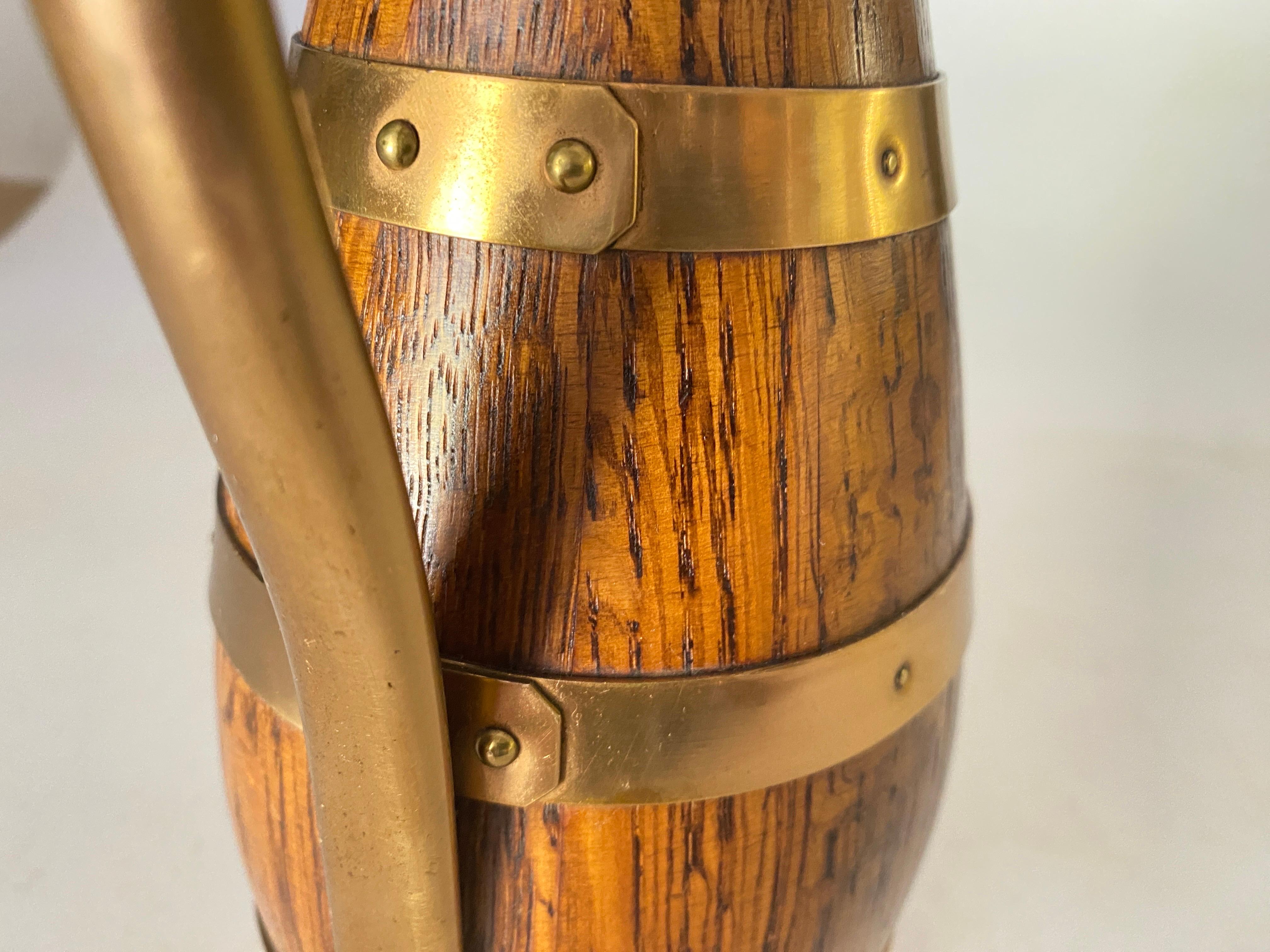 French Gerard Lafitte Oak and Brass Barrel Form Pitcher Wooden Jug France 1933  For Sale