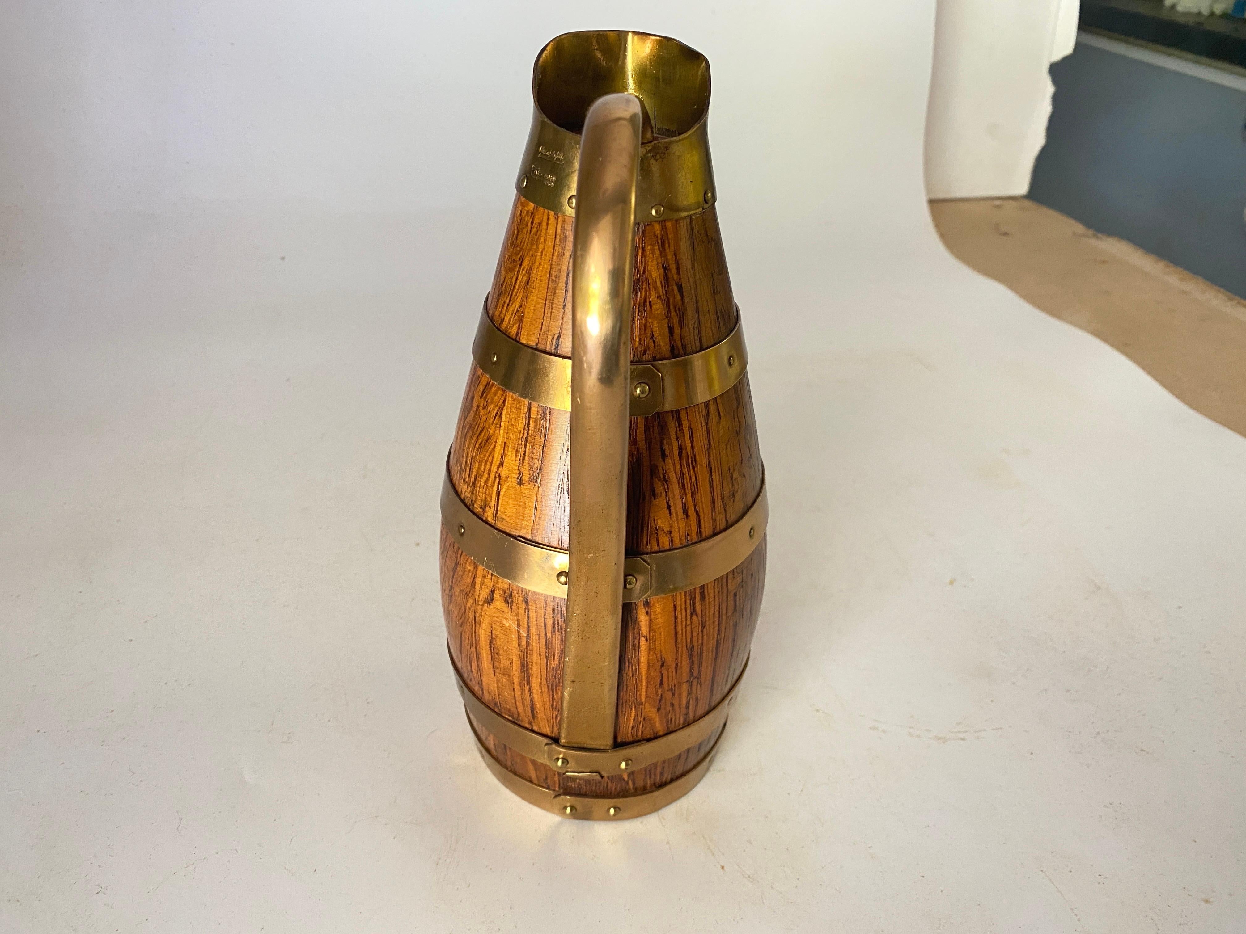 Copper Gerard Lafitte Oak and Brass Barrel Form Pitcher Wooden Jug France 1933  For Sale