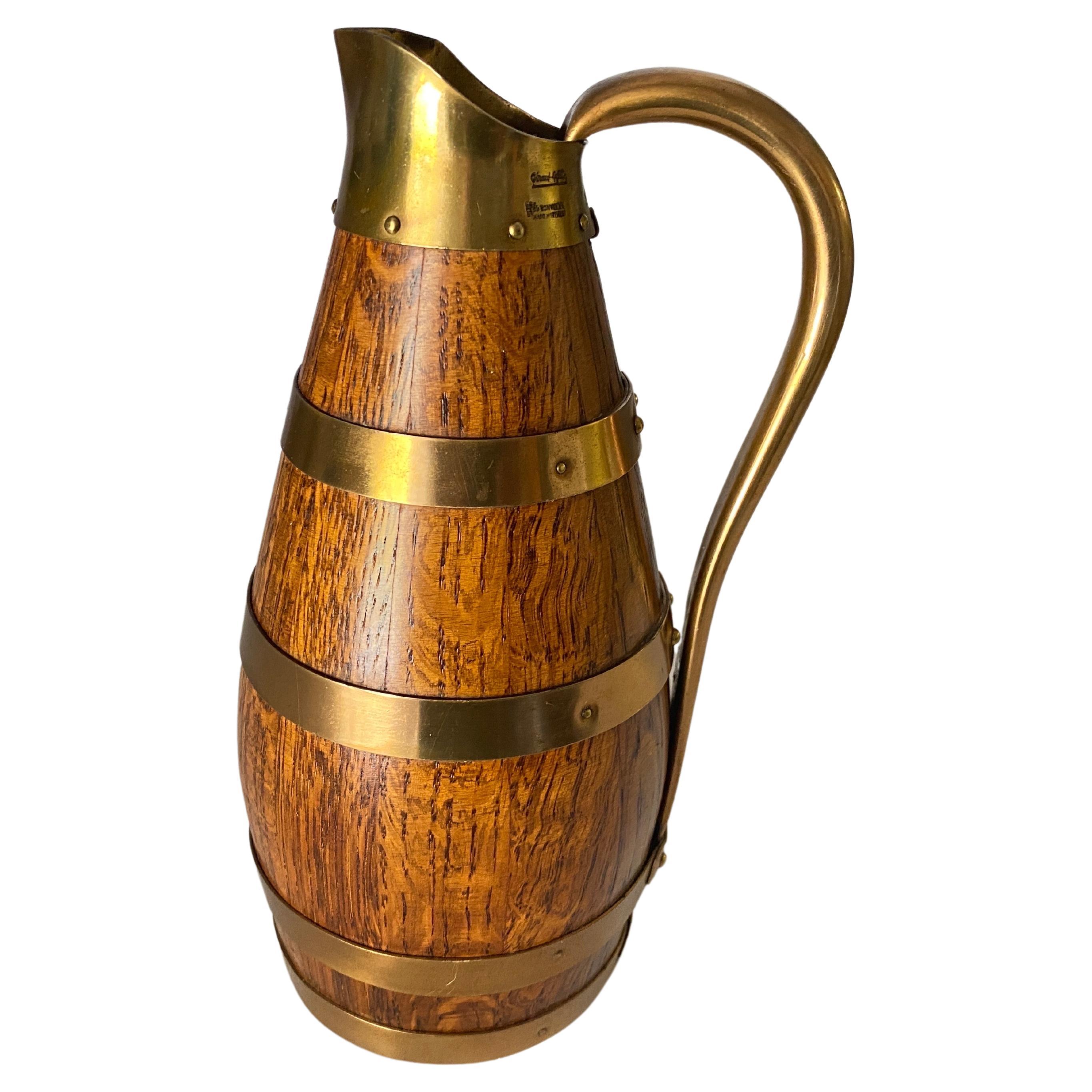 Gerard Lafitte Oak and Brass Barrel Form Pitcher Wooden Jug France 1933  For Sale