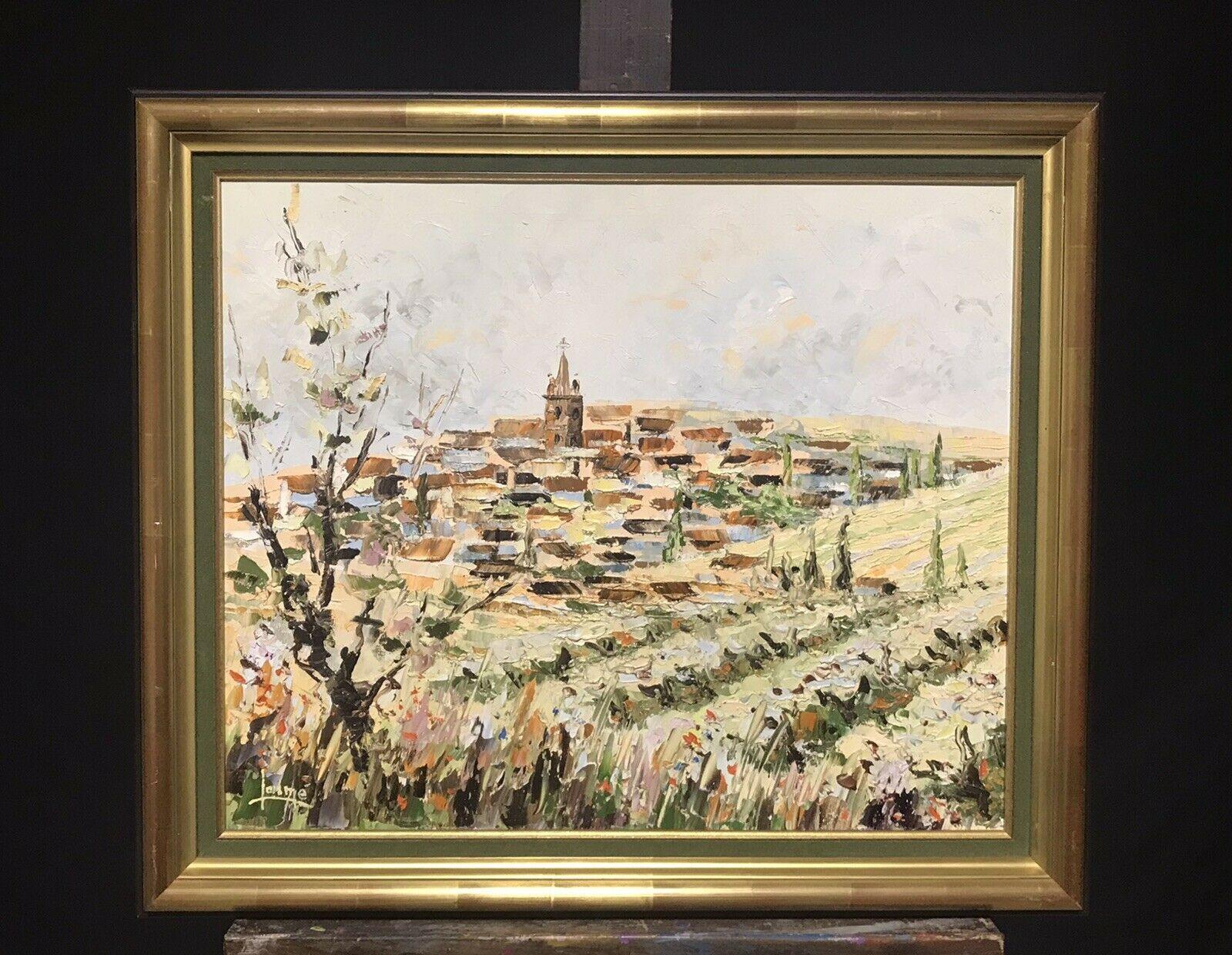 FRENCH POST-IMPRESSIONIST SIGNED OIL - HILL TOP PERCHED VILLAGE PROVENCE - Painting by Gerard Laime