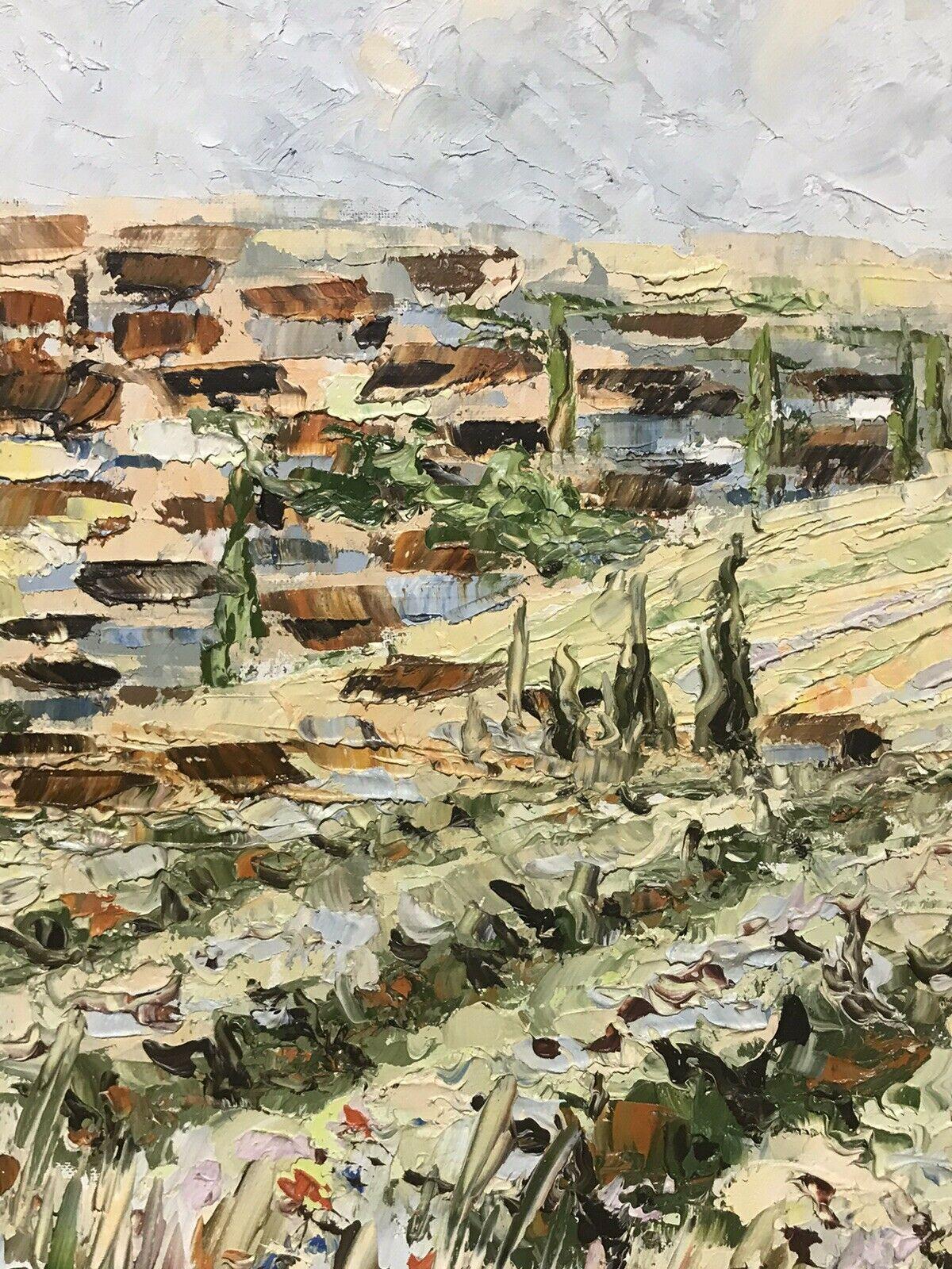 FRENCH POST-IMPRESSIONIST SIGNED OIL - HILL TOP PERCHED VILLAGE PROVENCE - Beige Landscape Painting by Gerard Laime