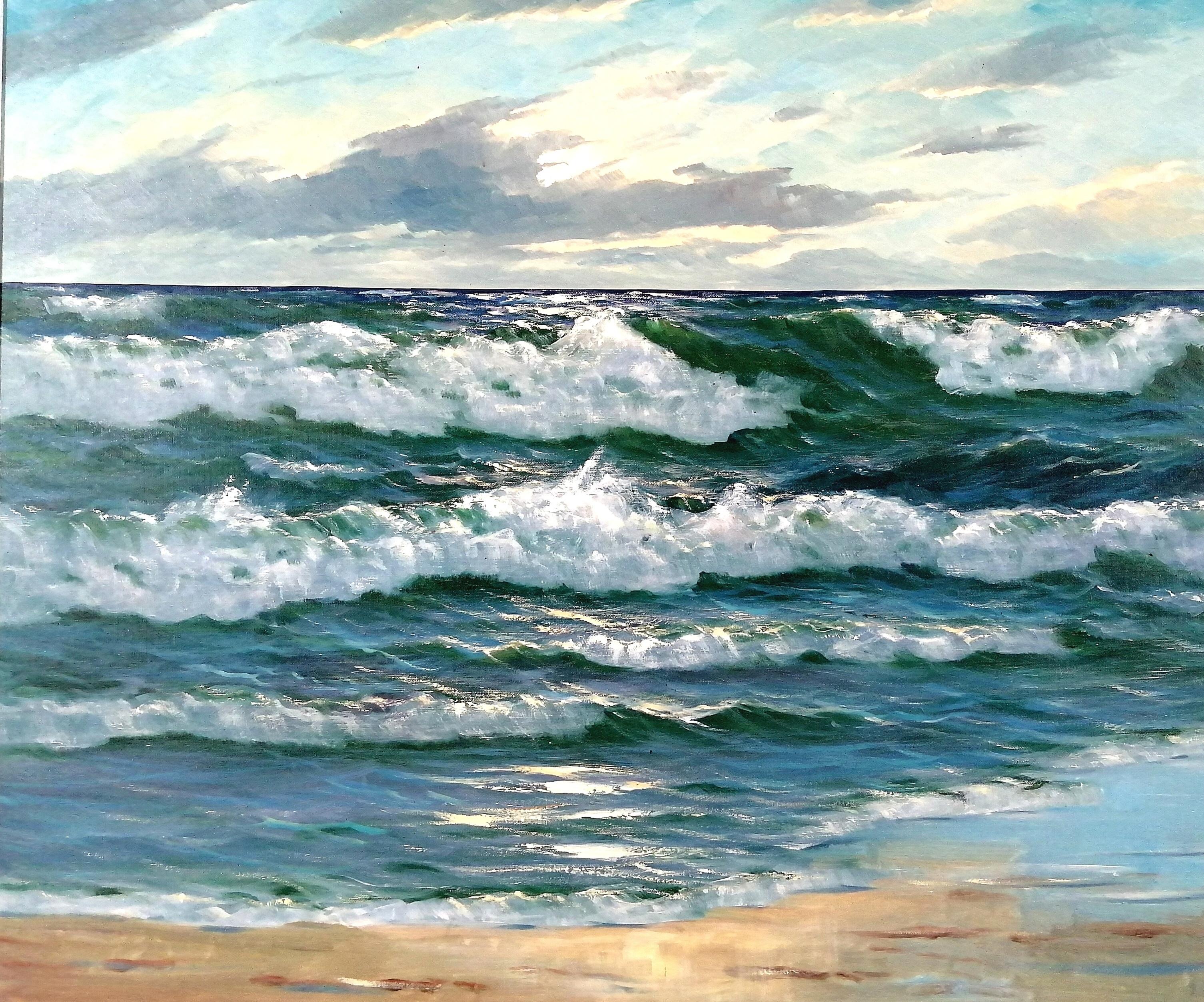 Onde che si infrangono - Olio su tela di grandi dimensioni della metà del XX secolo - Pittura costiera con paesaggio marino - Landscape Painting Grigio di Gerard Lucas-Larsen