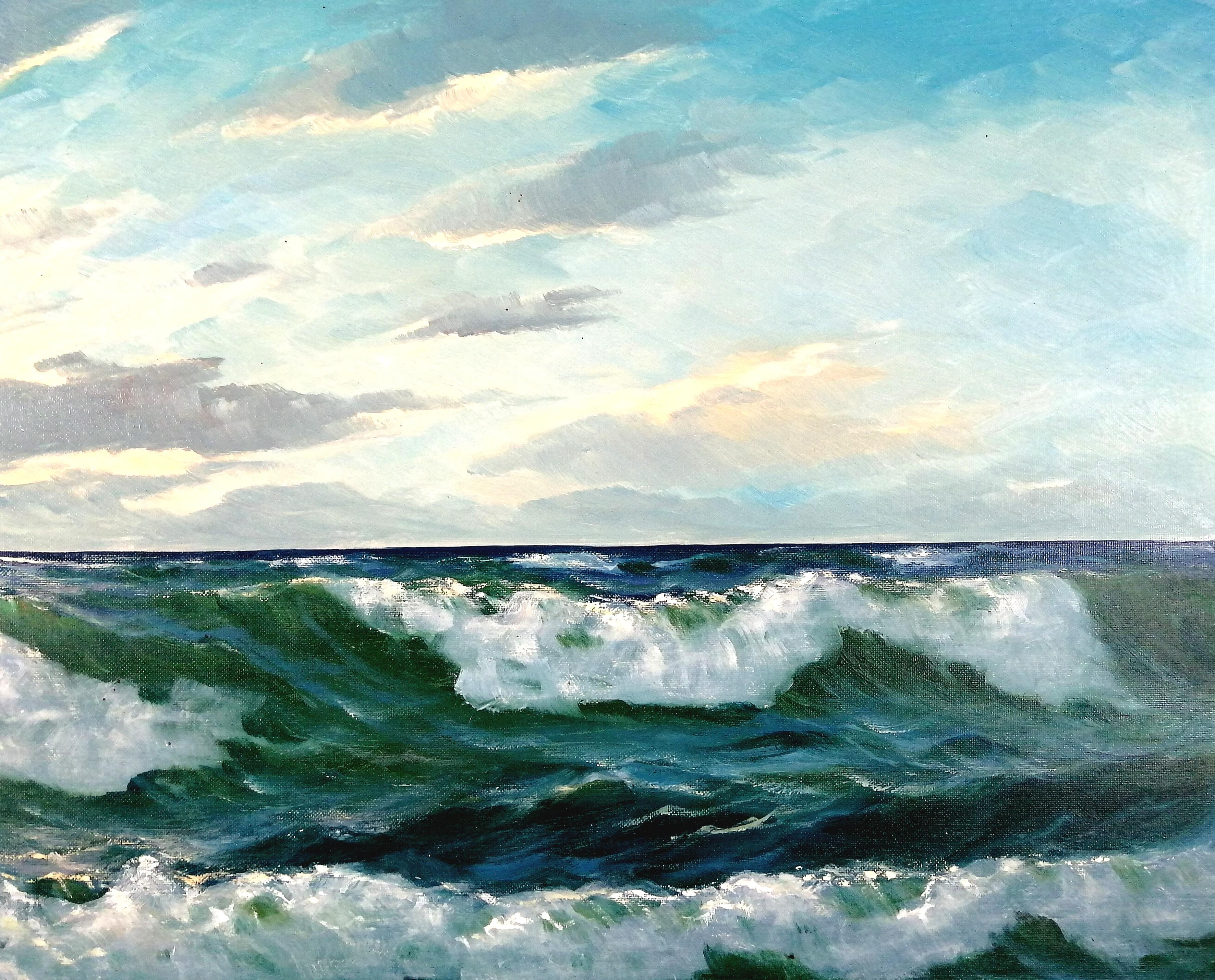 Un bellissimo e grandissimo olio su tela della metà del XX secolo di Gerard Lucas-Larsen che raffigura le onde che si infrangono sulla riva. L'opera è ben dipinta e molto suggestiva ed è presentata in una cornice di legno dipinto e composizione di