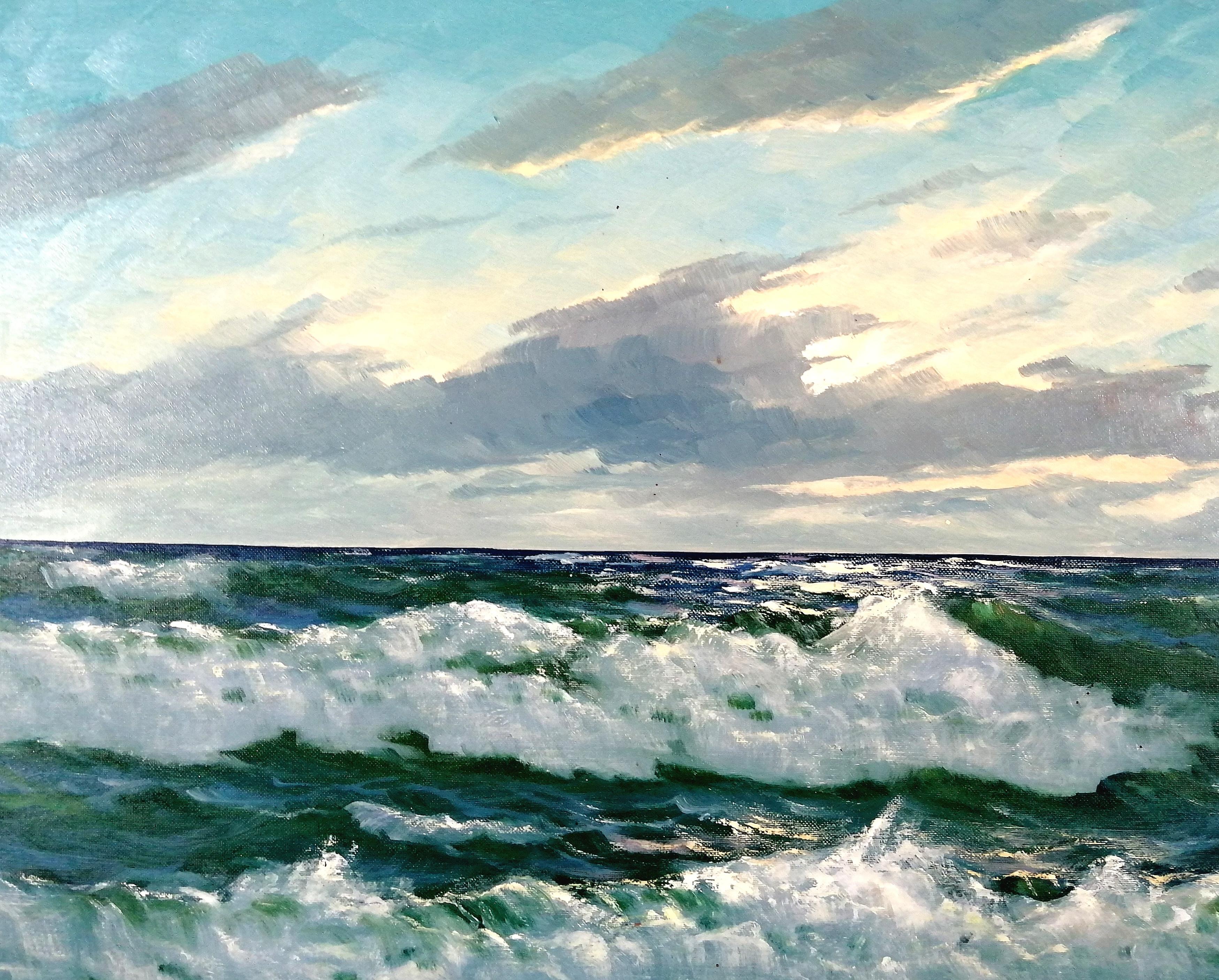 A beautiful and very large mid 20th century oil on canvas by Gerard Lucas-Larsen depicting waves breaking against the shore. The work is well painted and very atmospheric and is presented in a good quality painted wood and composition frame. Signed