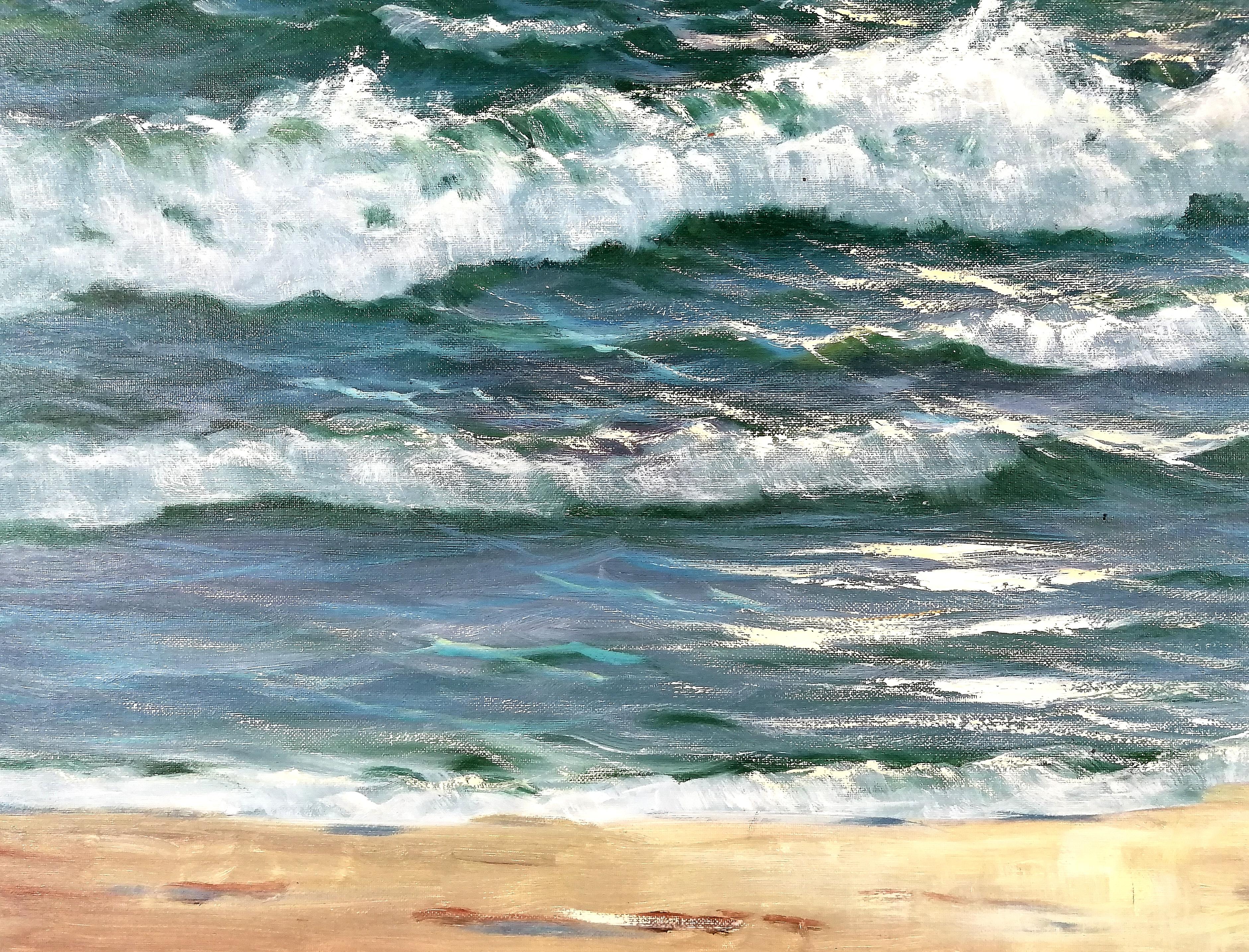 Onde che si infrangono - Olio su tela di grandi dimensioni della metà del XX secolo - Pittura costiera con paesaggio marino 2
